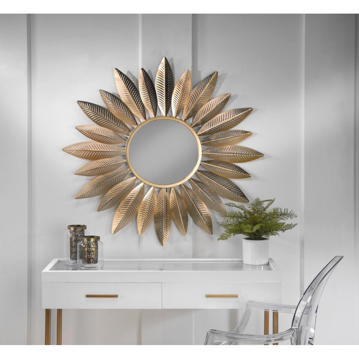 Gold Metal Starburst Feather Wall Mirror