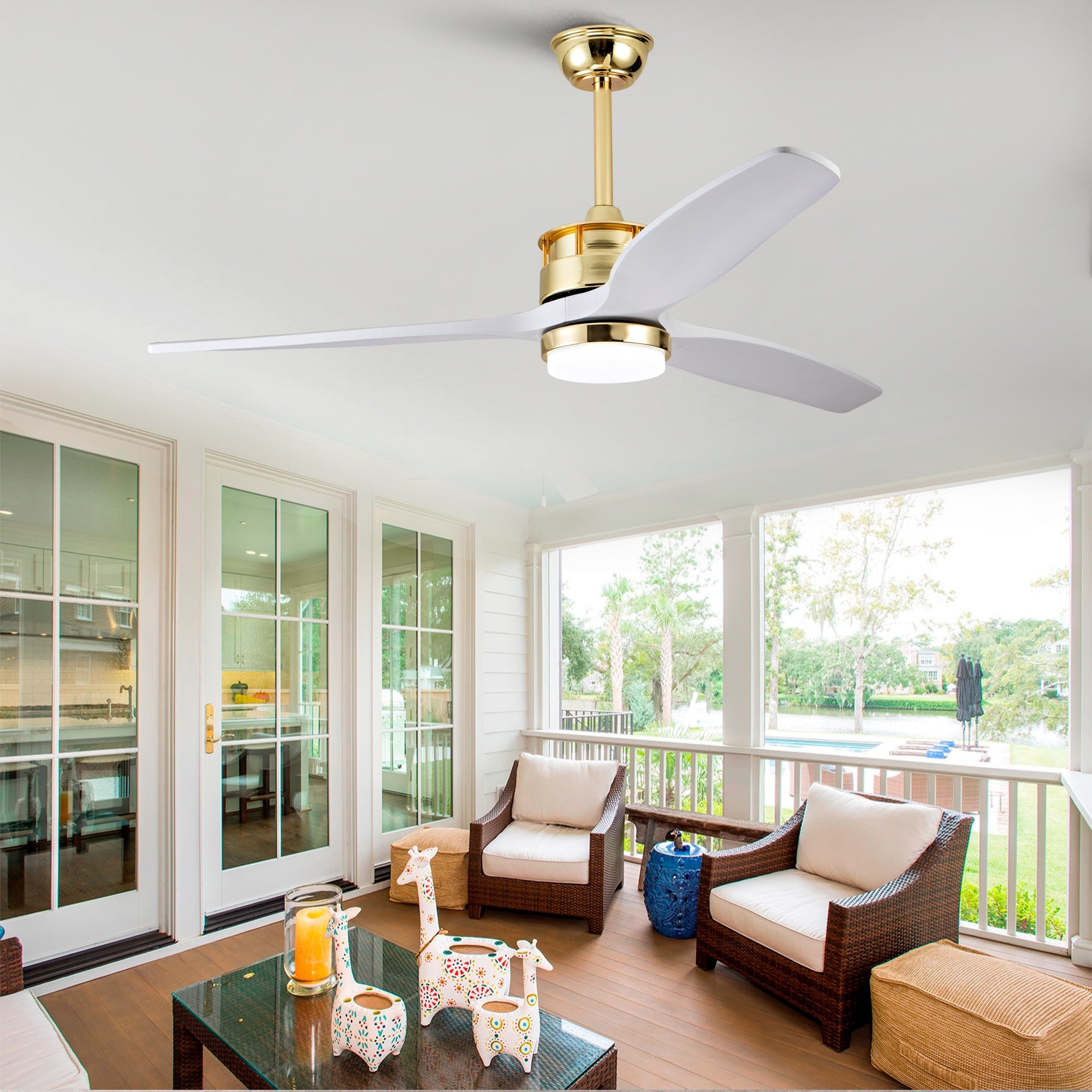 Gold White Wood Ceiling Fan With Remote And Dimmable Light