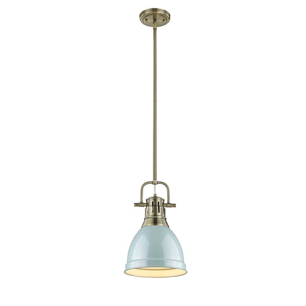Golden Lighting Duncan Aged Brass Rod Seafoam Shade Small Pendant