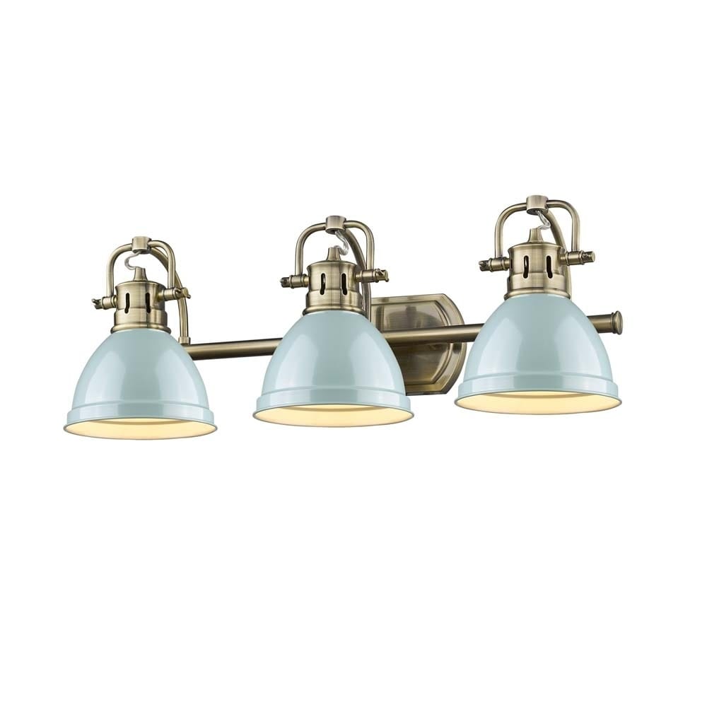 Golden Lighting Duncan Brass 3 Light Bath Vanity With Seafoam Shades