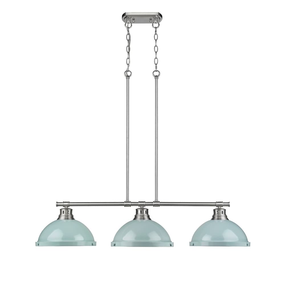 Golden Lighting Duncan Pewter Steel 3 Light Linear Pendant With Seafoam Shades