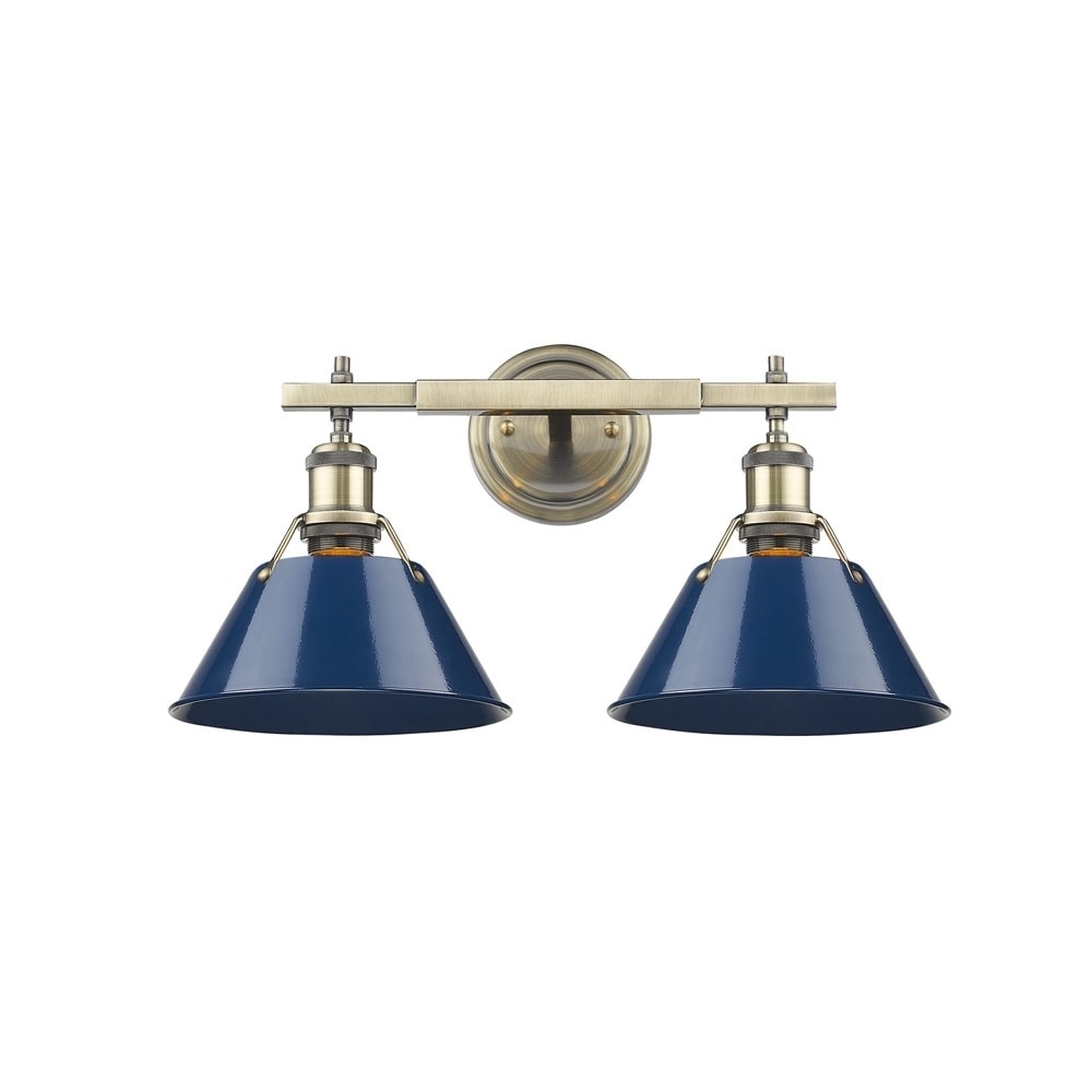 Golden Lighting Orwell Ab Aged Brass 2 Light Bath Vanity With Navy Blue Shades