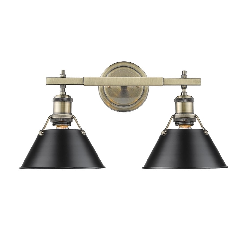 Golden Lighting Orwell Aged Brass Colored Steel 2 Light Bath Vanity With Black Shades