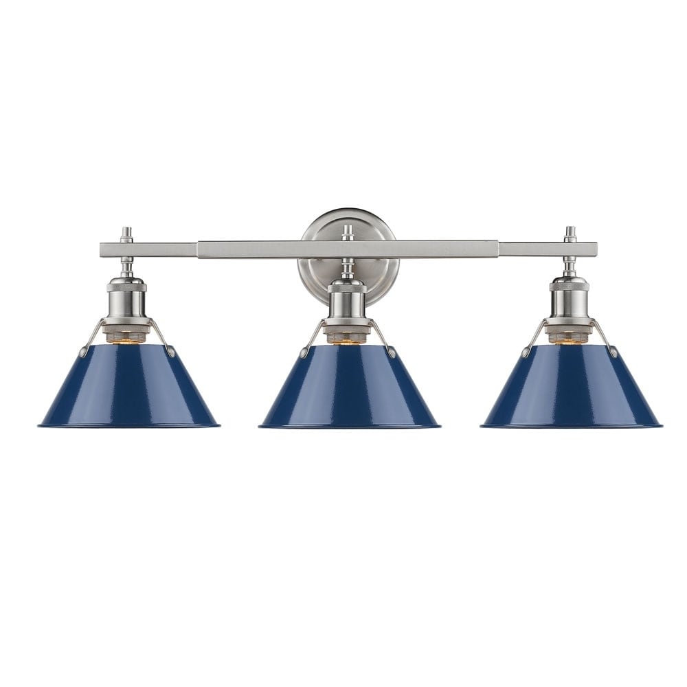 Golden Lighting Orwell Pw Pewter Navy Blue Shades Steel 3 Light Bath Vanity Fixture