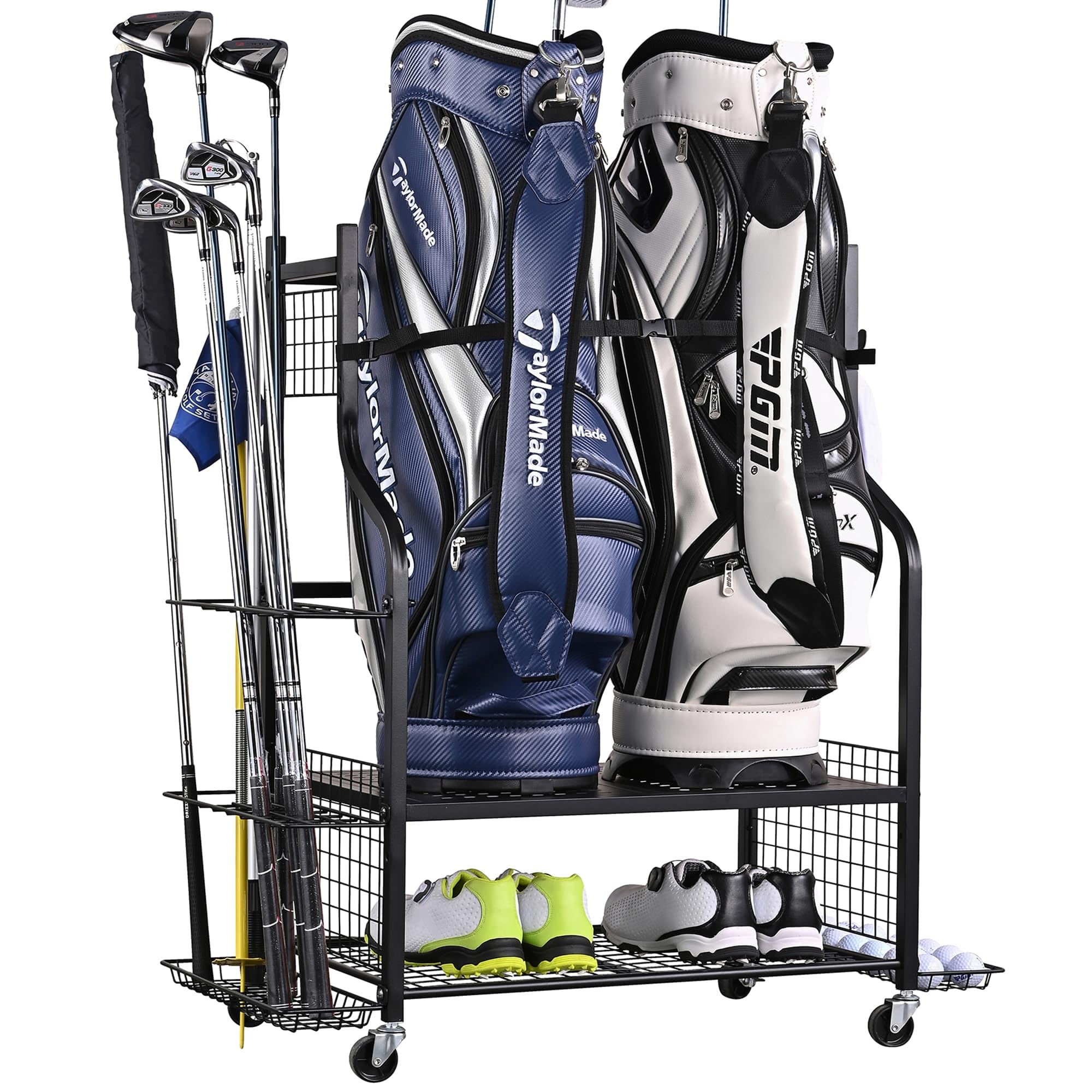 Golf Bag Storage Organizer For Garage With Side Club Rack And Accessory Baskets