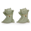 Good Luck Cats Maneki Neko Fortune Felines Set Of Two Green Celadon Ceramic Animal Figurines Decor Accent Sculptures Thailand