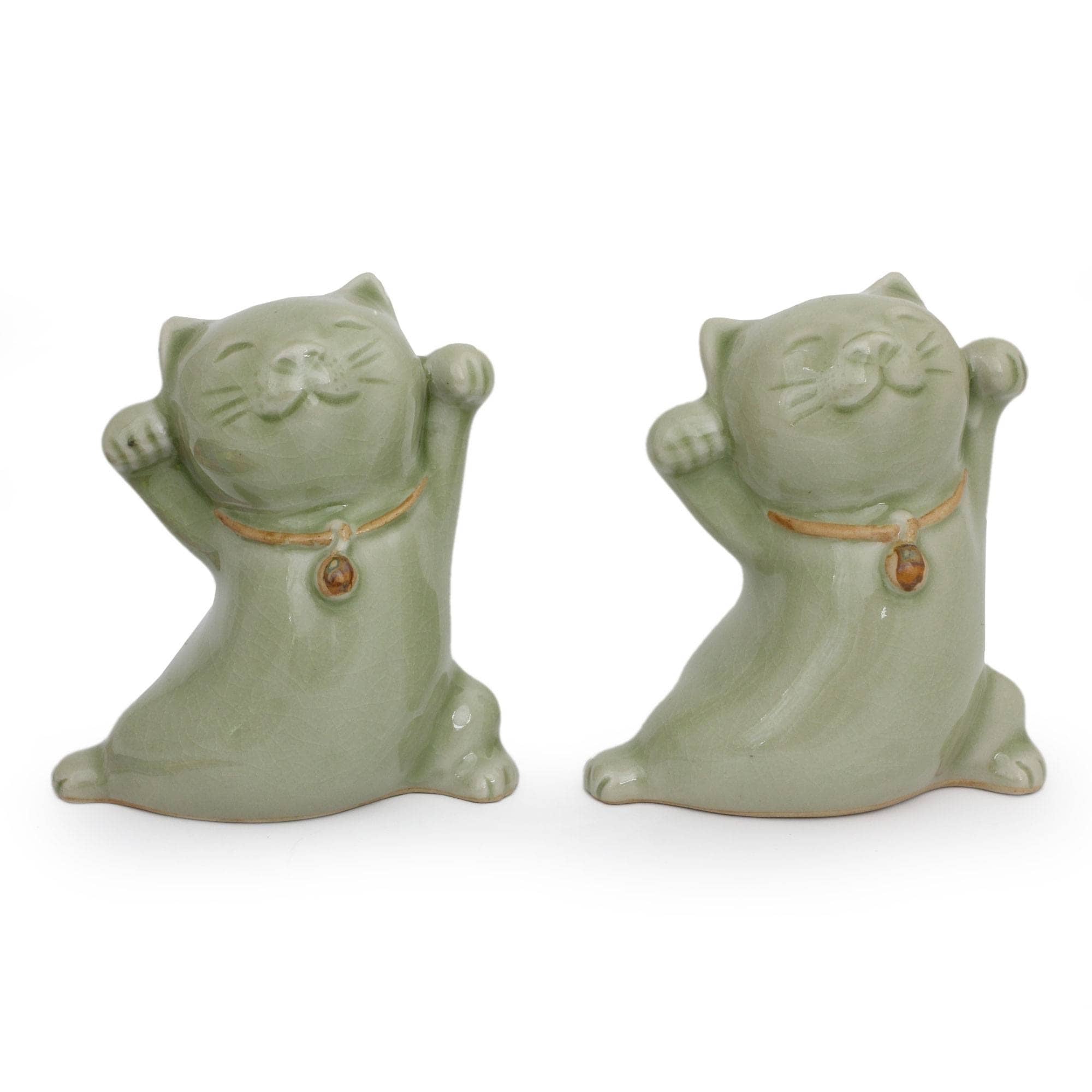 Good Luck Cats Maneki Neko Fortune Felines Set Of Two Green Celadon Ceramic Animal Figurines Decor Accent Sculptures Thailand