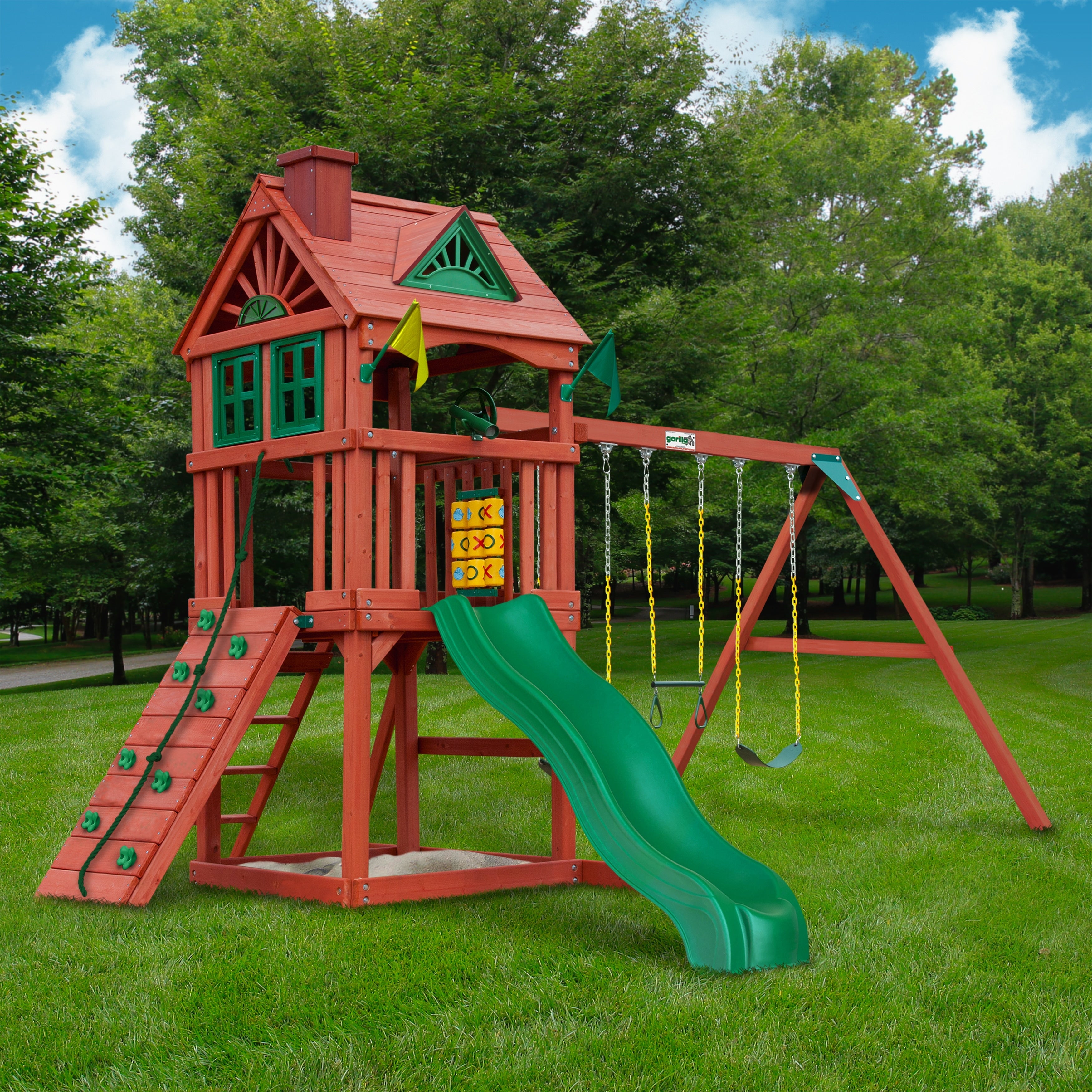 Gorilla Playsets Nantucket Wooden Swing Set With Rock Climbing Wall