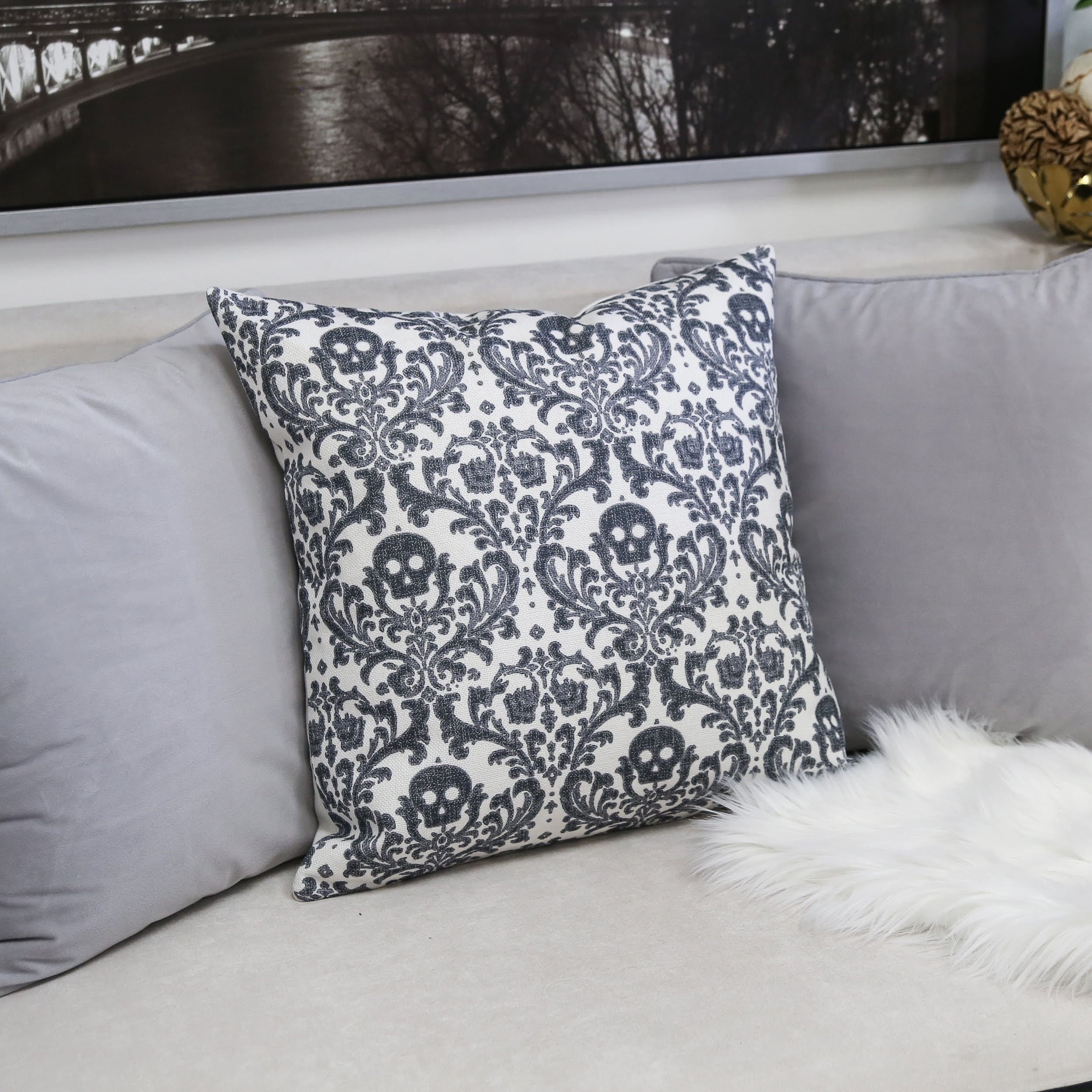 Gothic Damask Skull Throw Pillow Black White Cotton Linen Set Of 2