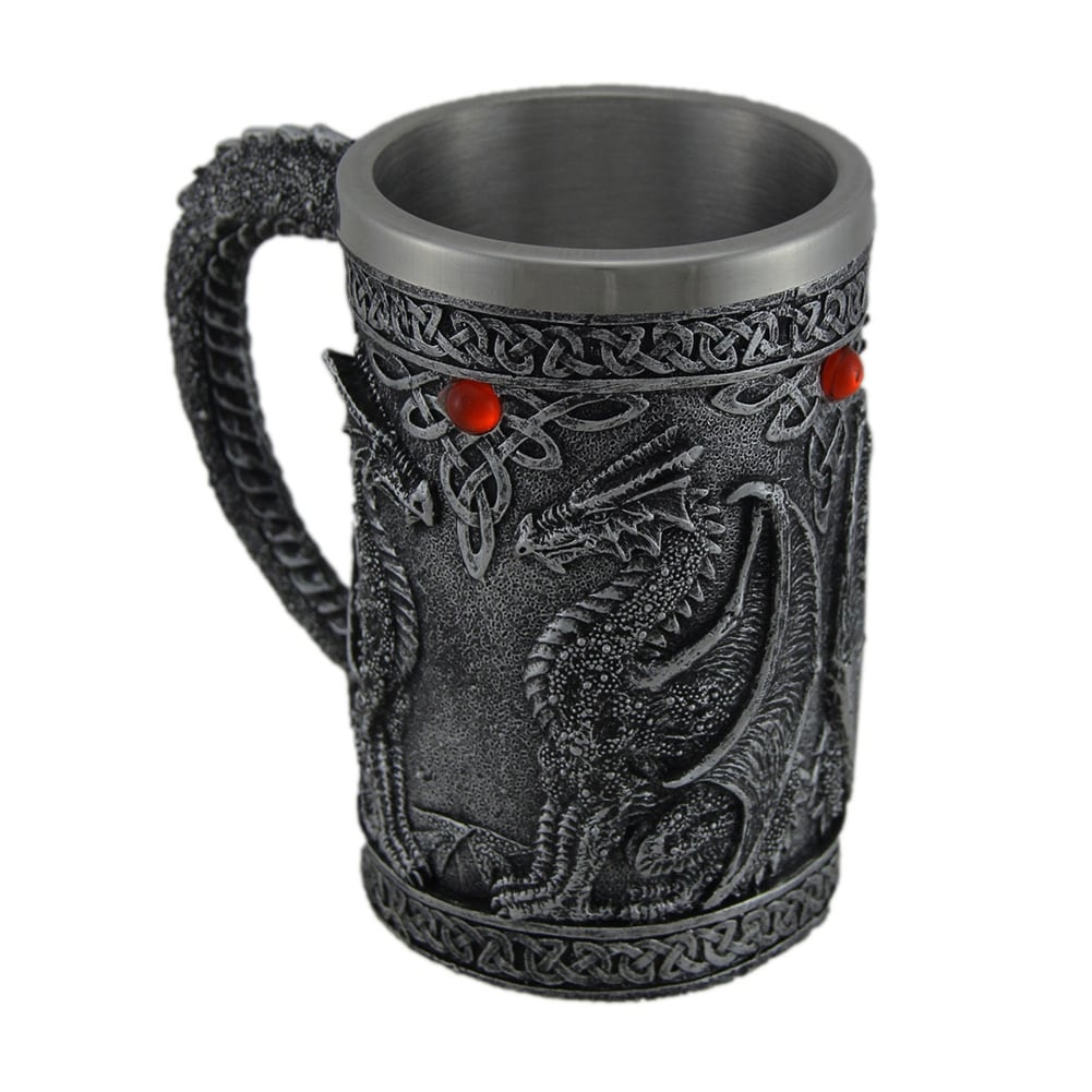 Gothic Metallic Blackened Silver Dragon Tankard With Stainless Steel Liner 5.75 X 6.25 X 3.75 Inches