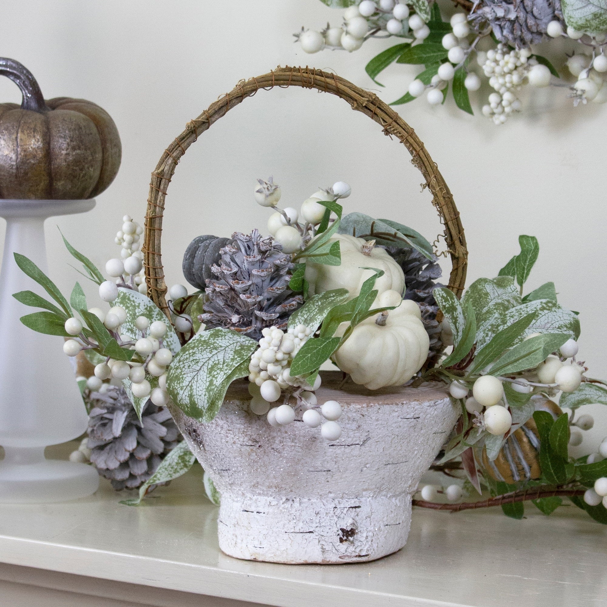 13 Pumpkin Berries And Leaves Artificial Fall Harvest Twig Basket N A