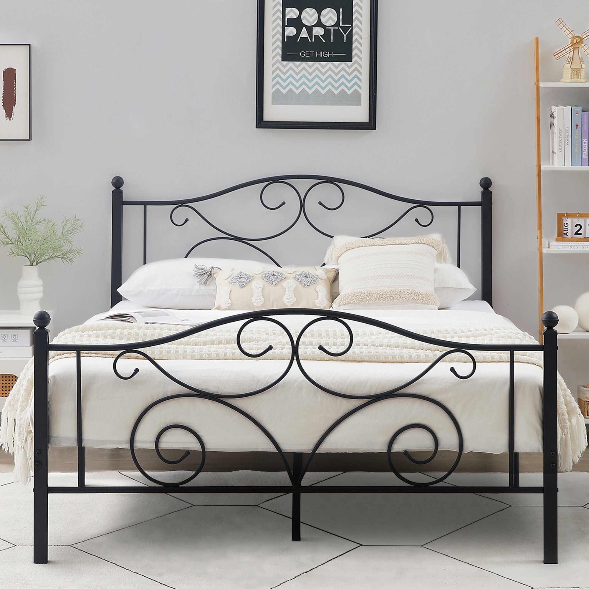 Vecelo Graceful Scroll Black Iron Bed