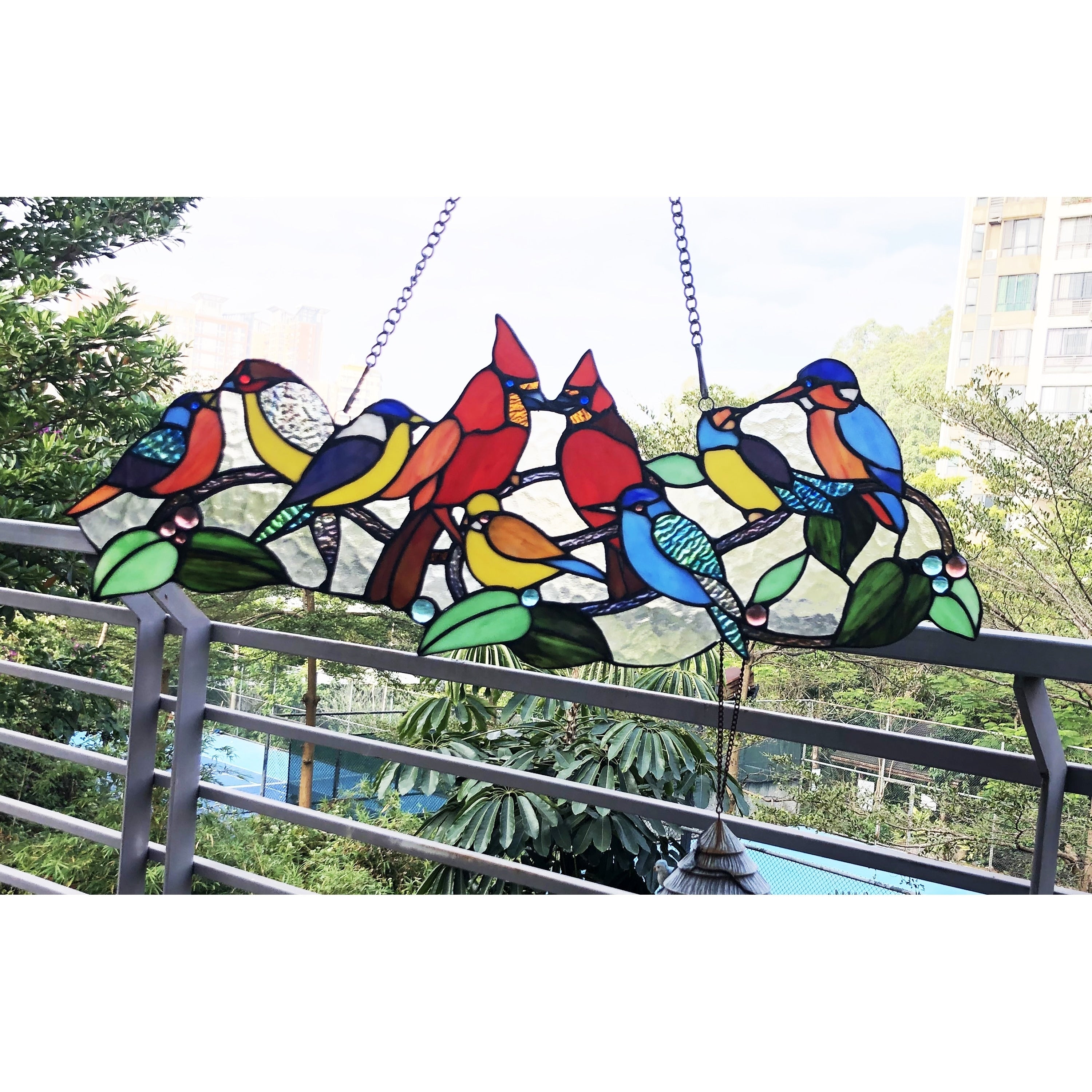 Gracewood Hollow Berssen Glass Window Panel Suncatcher With Cute Birds