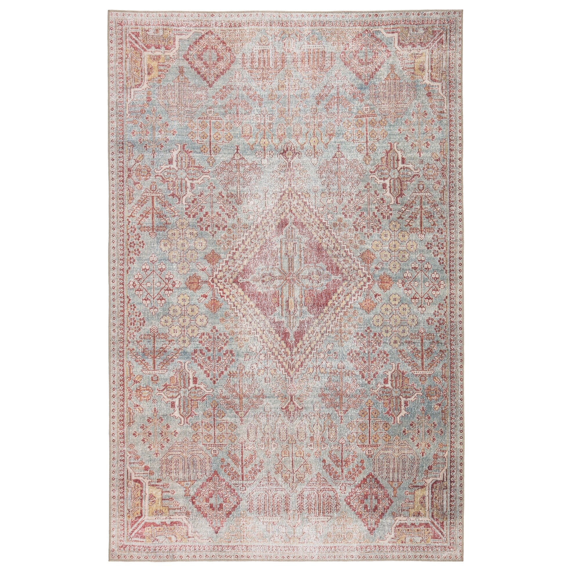 Gracewood Hollow Cugoano Indoor Outdoor Sky Blue Pink Medallion Area Rug