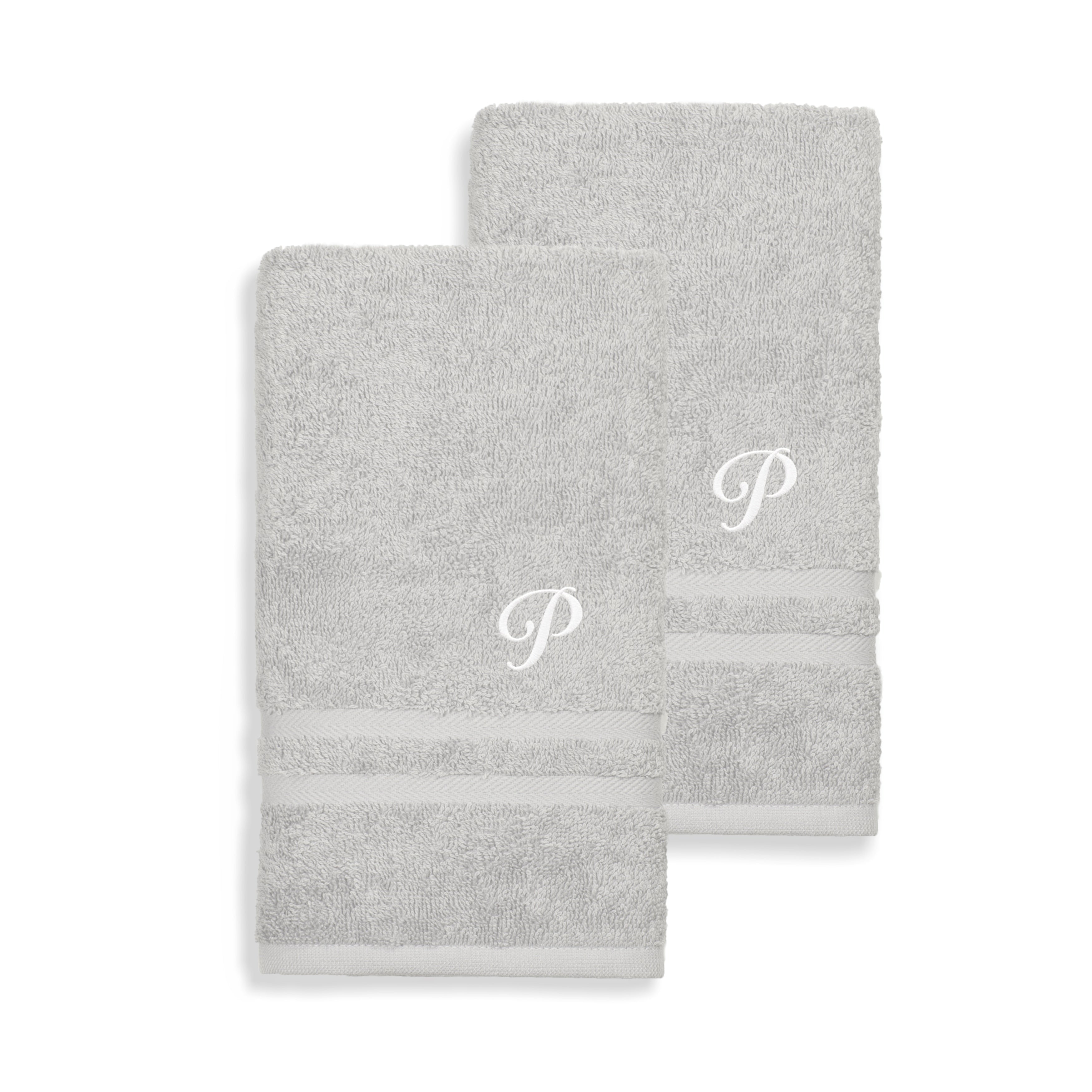Gracewood Hollow John Turkish Cotton Grey Hand Towels W White Script Monograms Set Of 2