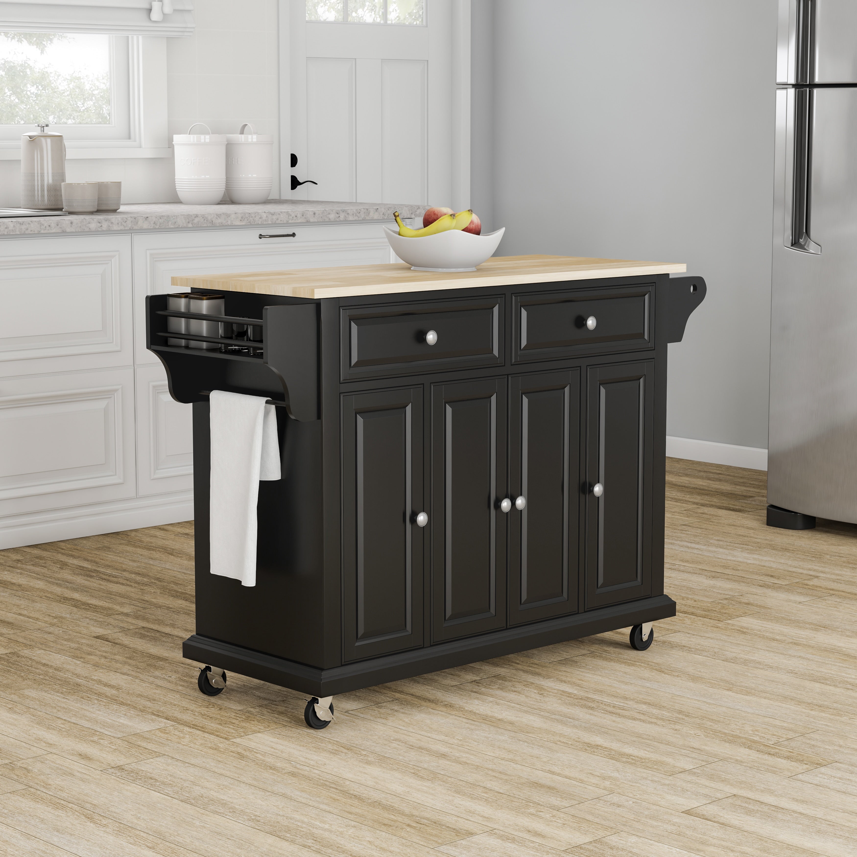 Copper Grove Kanha Black Finish Natural Wood Top Kitchen Cart Island