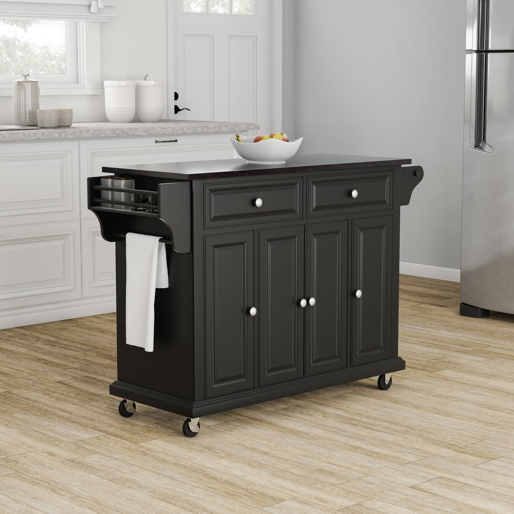 Copper Grove Kanha Black Wood Kitchen Cart Island With Solid Black Granite Top