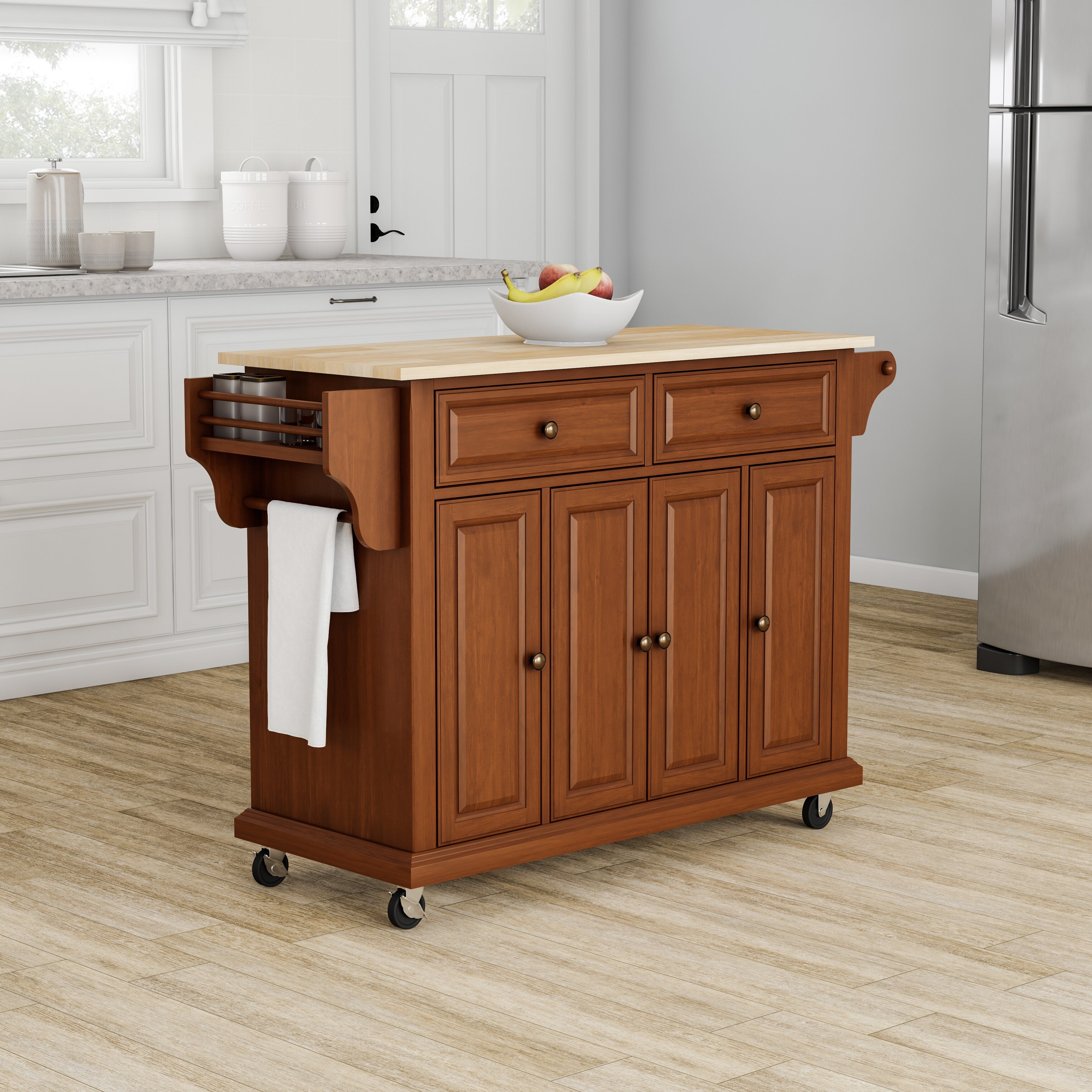 Copper Grove Kanha Natural Wood Top Kitchen Cart Island In Classic Cherry Finish