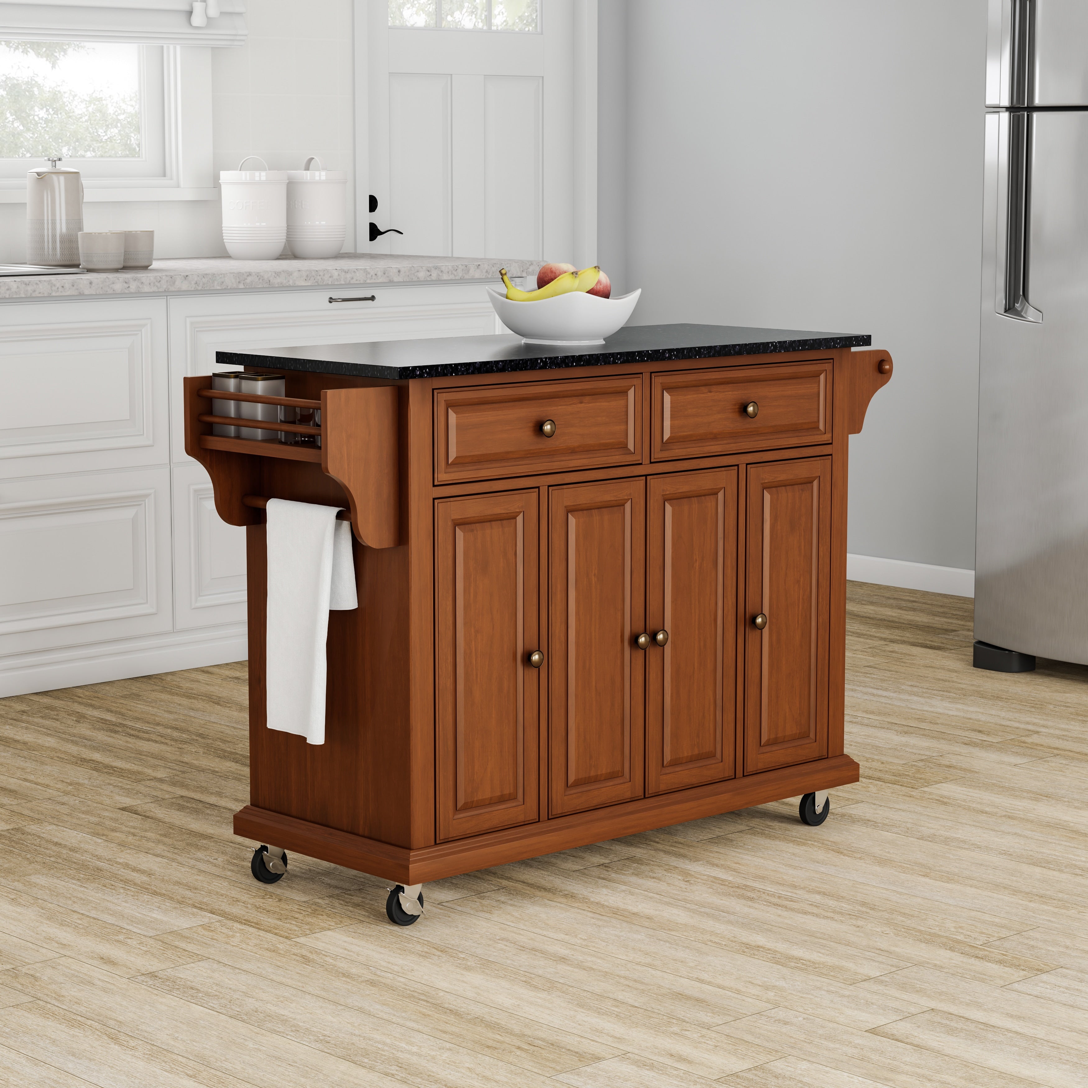 Copper Grove Kanha Solid Black Granite Top Classic Cherry Finish Kitchen Cart Island