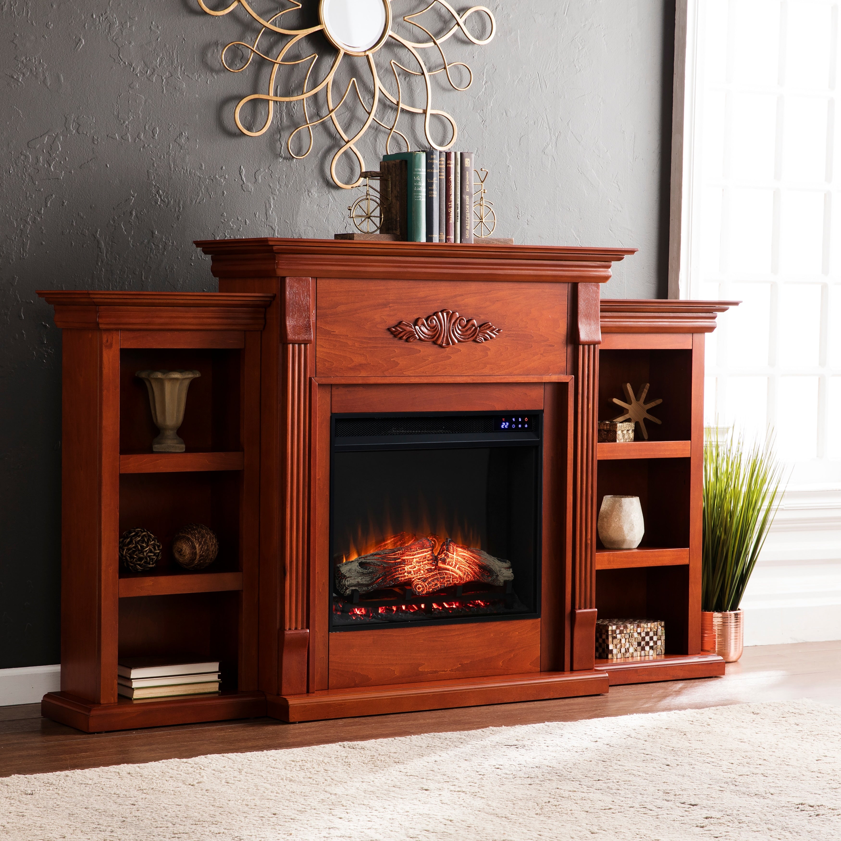 Gracewood Hollow Womack 70 Inch Mahogany Bookcase Electric Fireplace With Remote