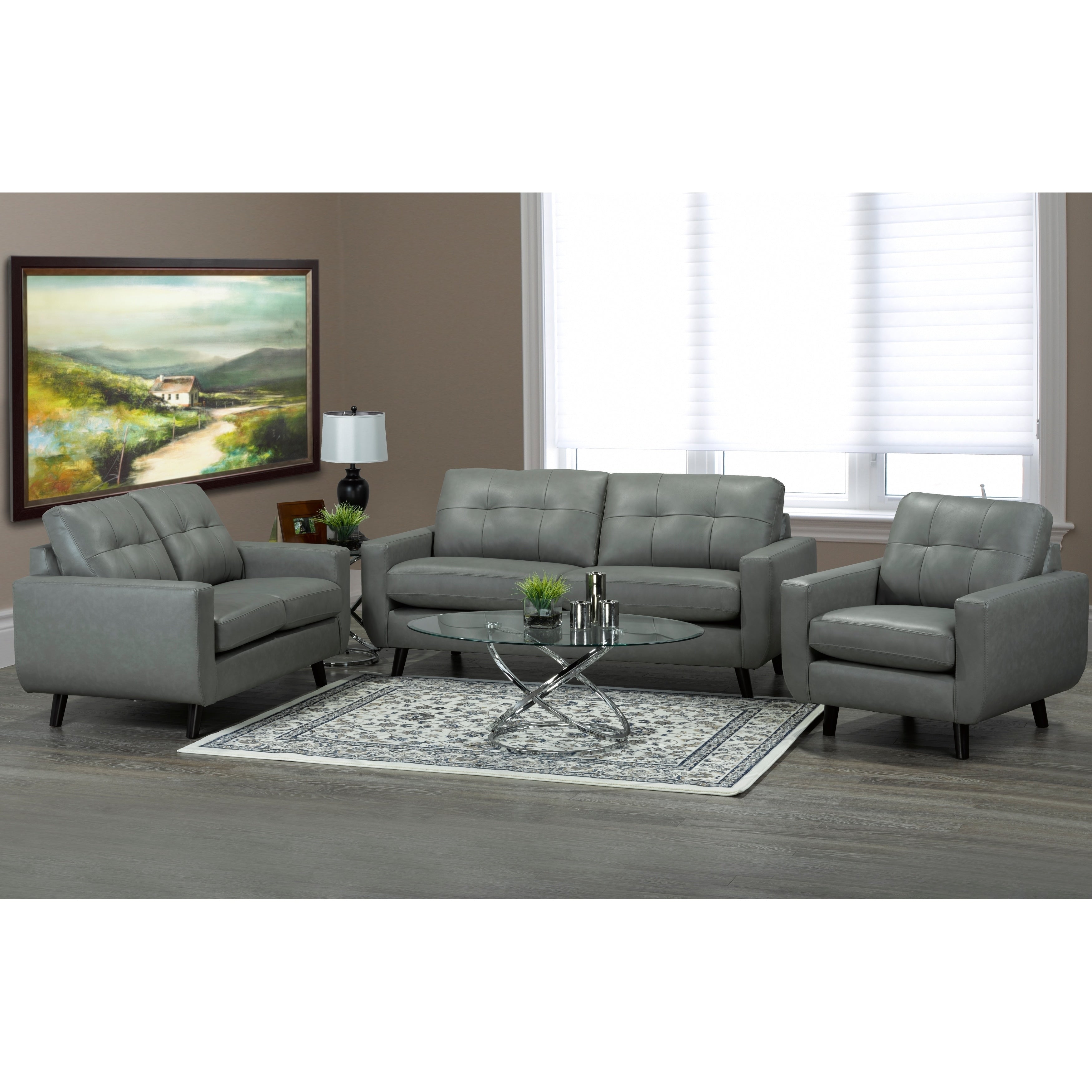 Gracie Mid Century Modern Grey Top Grain Italian Leather Tufted Sofa Loveseat And Chair