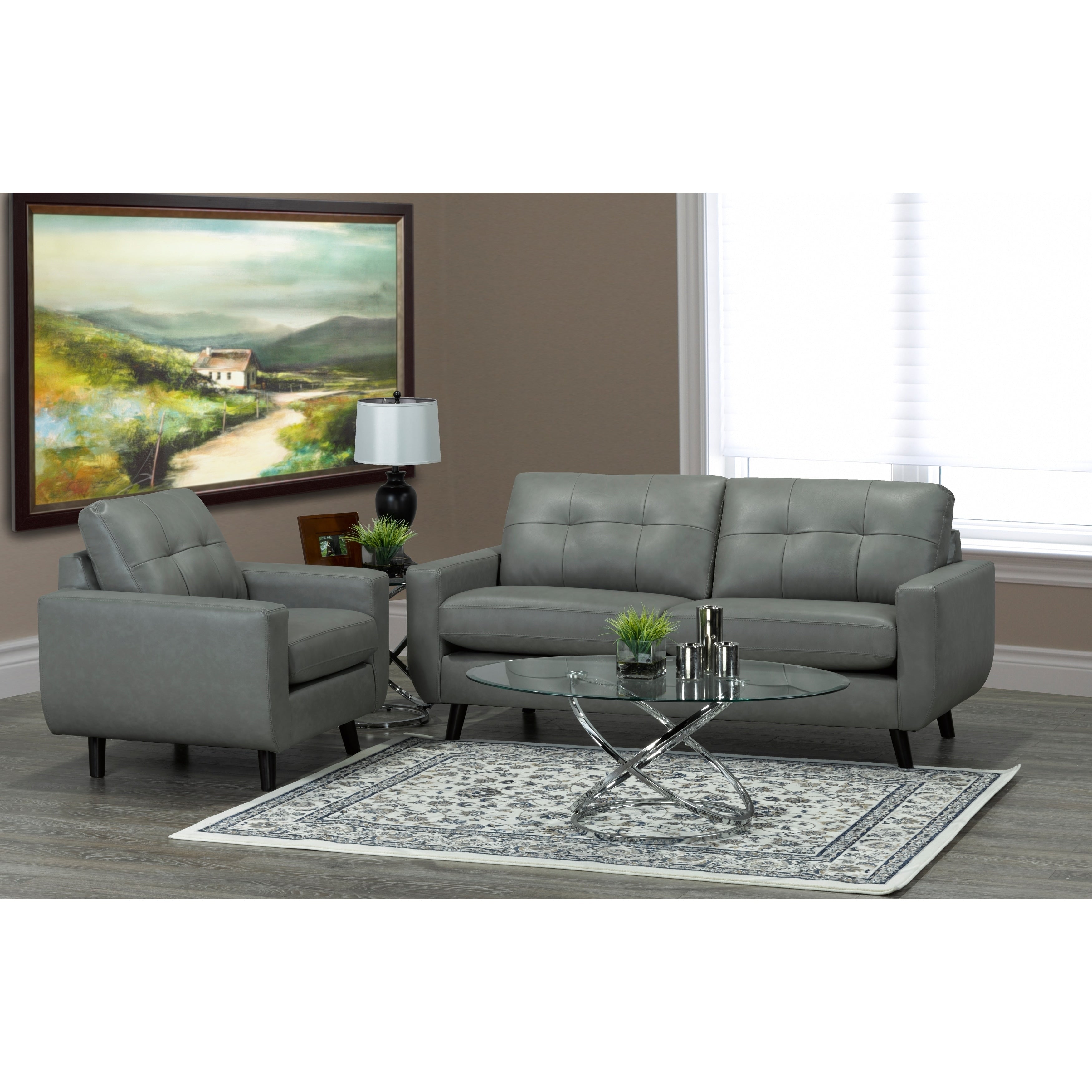 Gracie Mid Century Modern Grey Top Grain Italian Leather Tufted Sofa And Chair