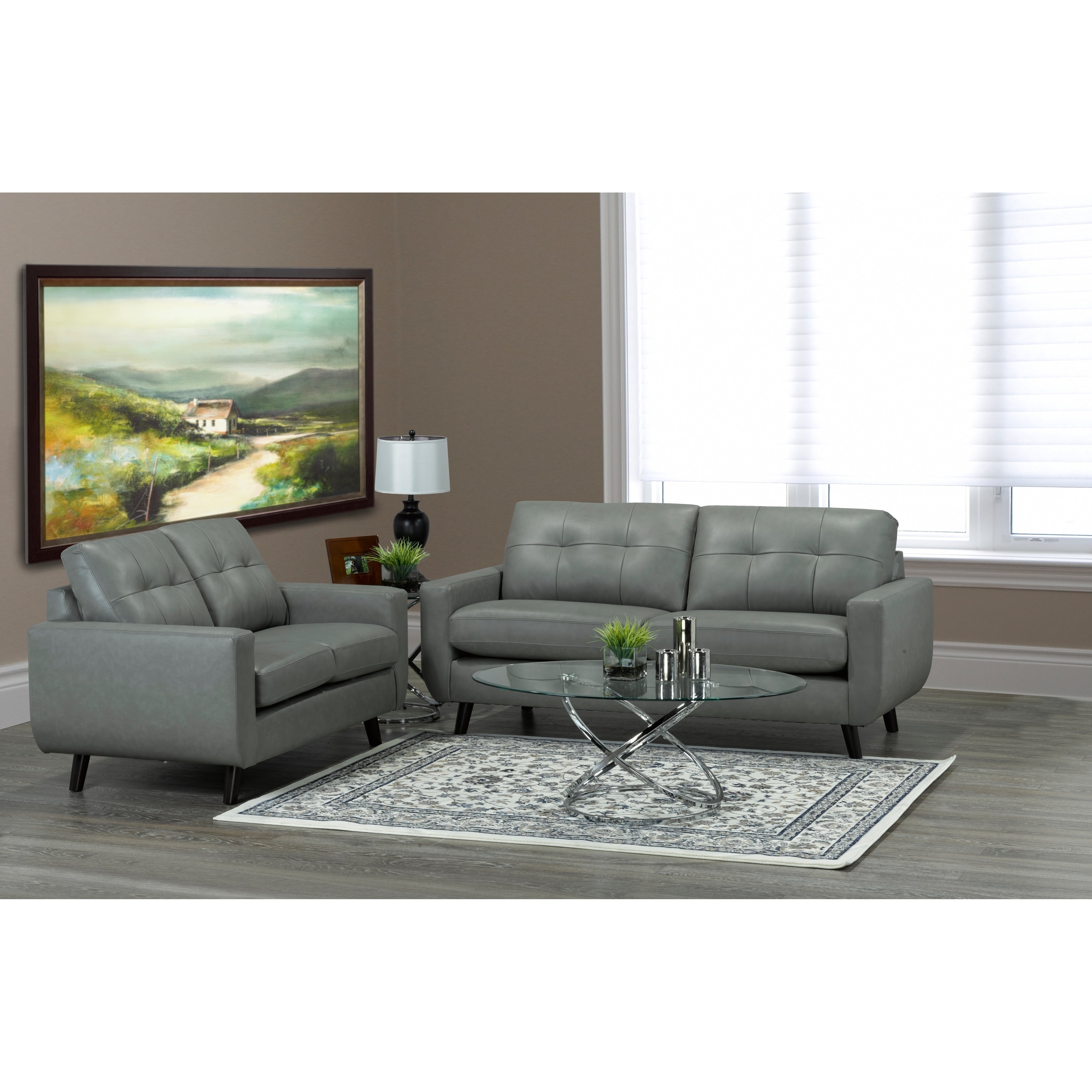 Gracie Mid Century Modern Grey Top Grain Italian Leather Tufted Sofa And Loveseat