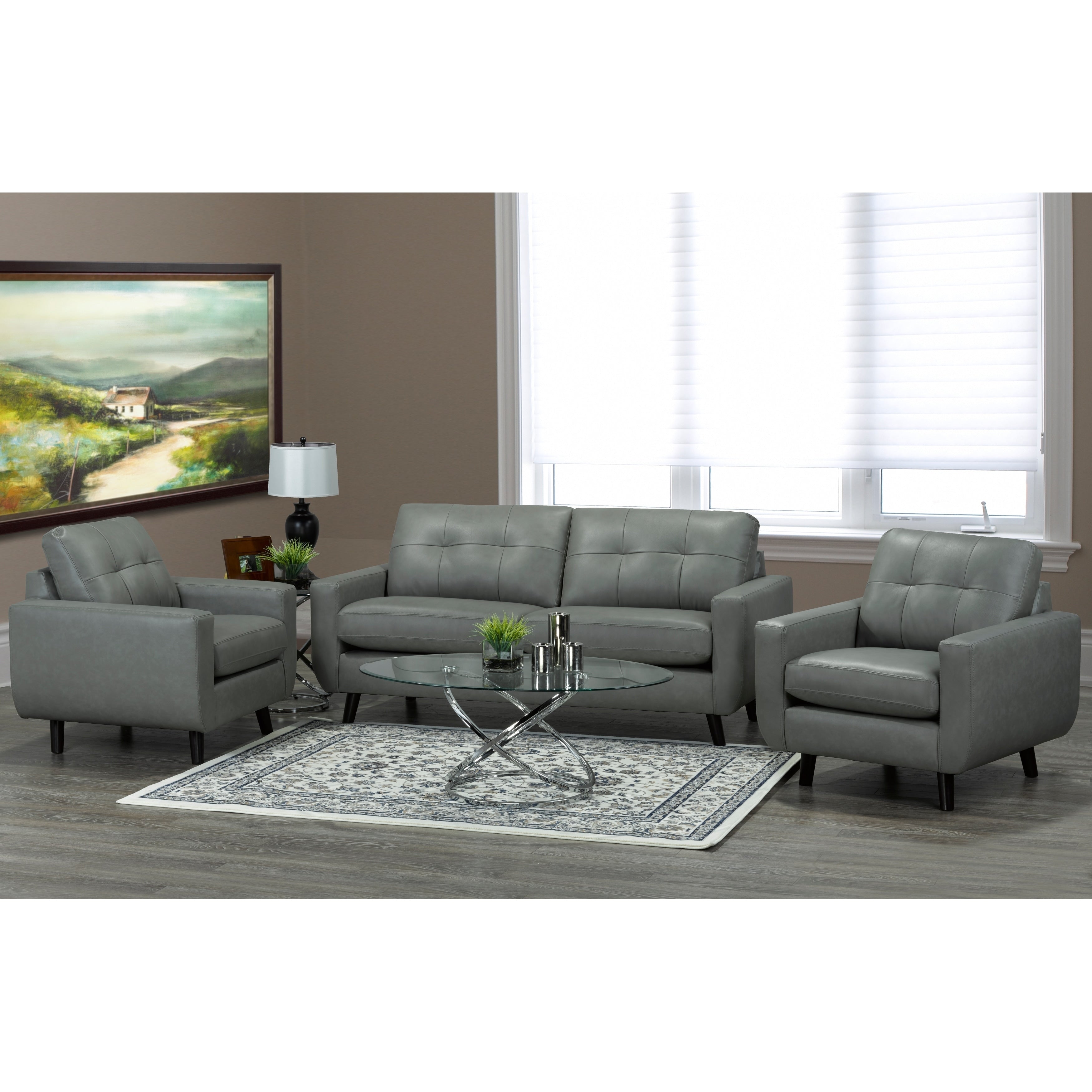 Gracie Mid Century Modern Grey Top Grain Italian Leather Tufted Sofa And Two Chairs