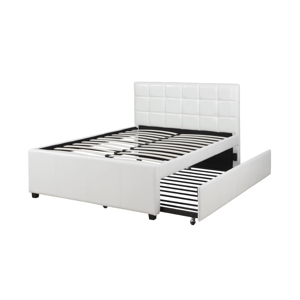 Gracious Wooden Full Bed With Trundle And Squ Tufted Hb White