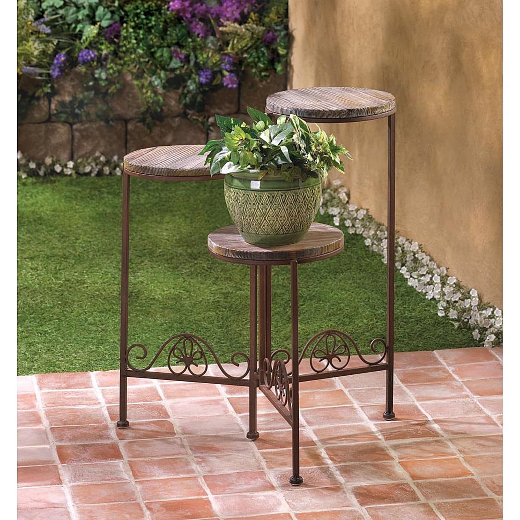 Brown Wood Wrought Iron Graduated Garden Tri Stand