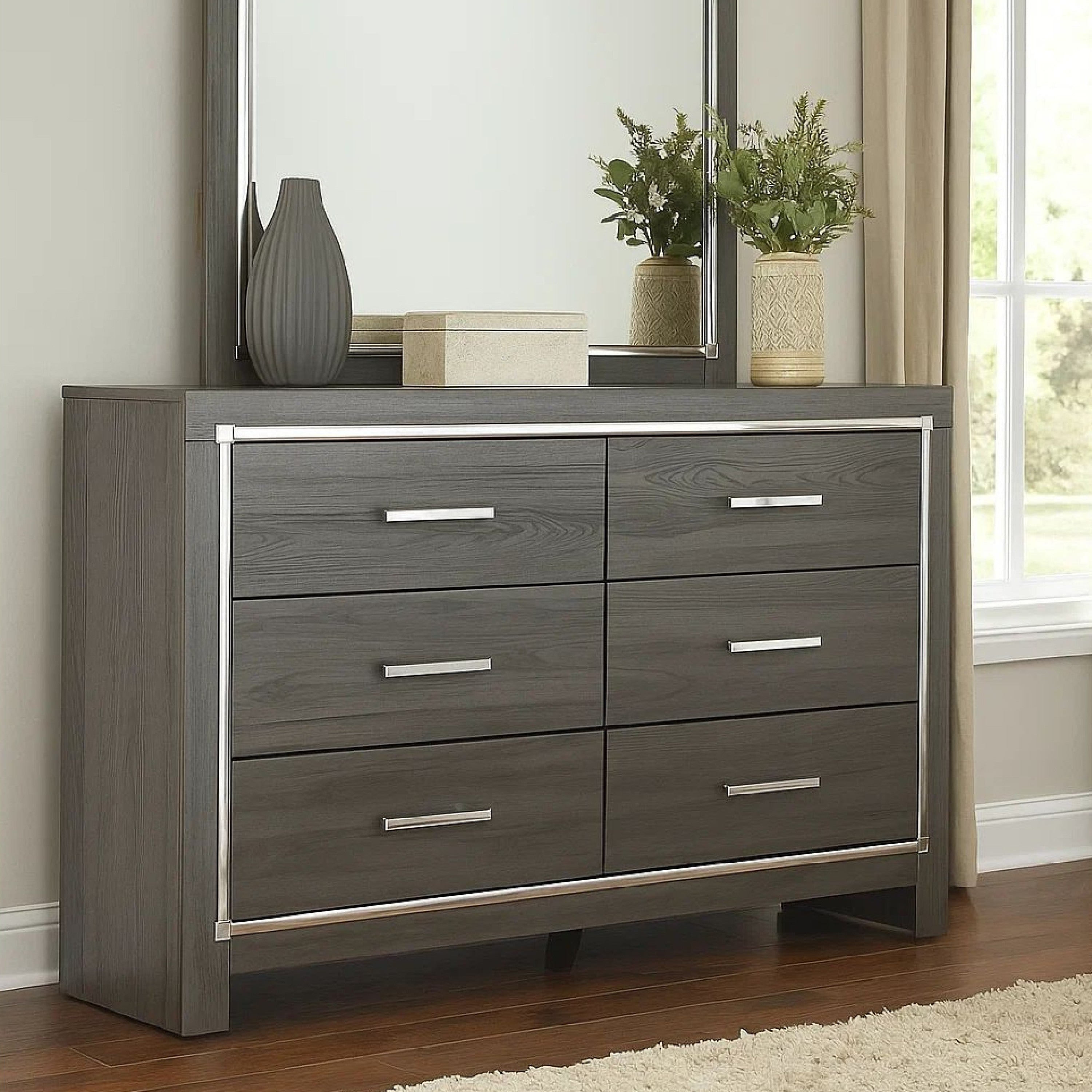 Grained Wooden Dresser With 6 Drawers And Mirror Inserts Gray