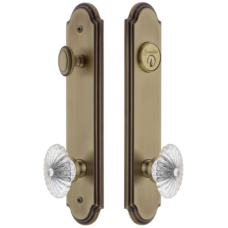 Grandeur Arcbur_Tp_Eset_234 Arc Solid Brass Tall Plate Single Cylinder Keyed Entry Set W Burgundy Crystal Knob 2.75 Backset