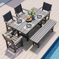 Gray 5 6 Piece Hdpe Patio Dining Set With Rectangular Table Bench