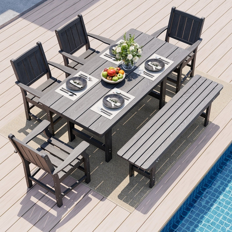 Gray 5 6 Piece Hdpe Patio Dining Set With Rectangular Table Bench