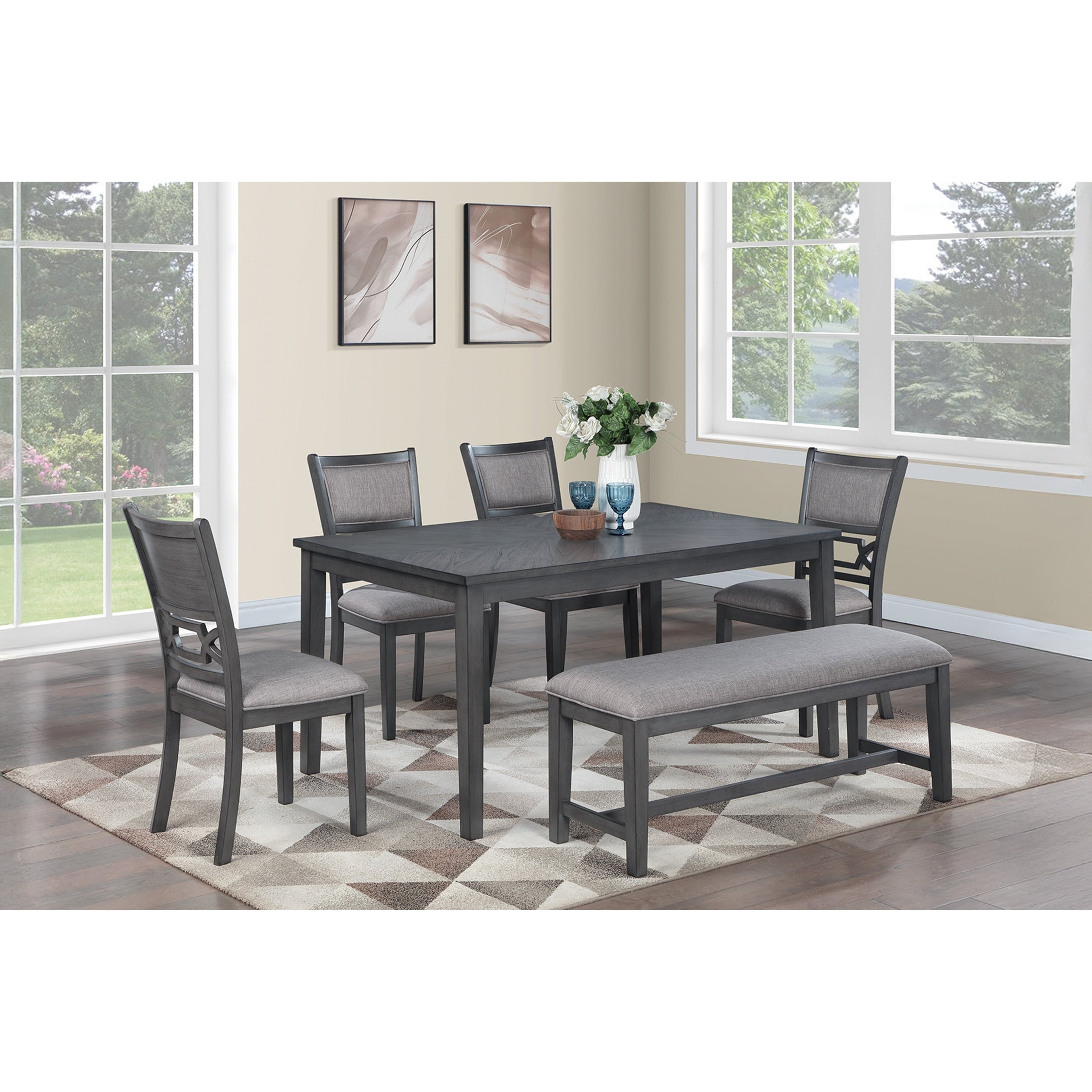 Gray Finish 6Pc Dining Room Set Padded Seat Dual Panel Backrest