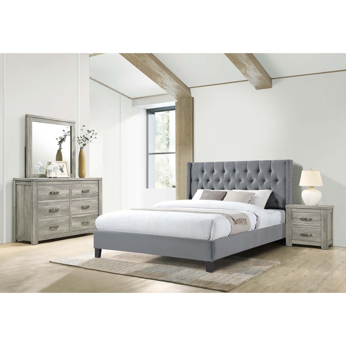 Gray Finish Bed Set Nailhead Trim Button Tufted Headboard
