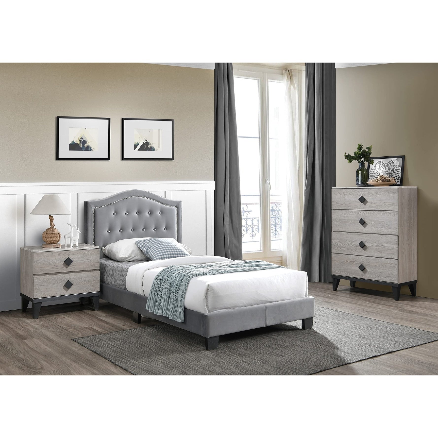 Gray Finish Bedroom Set Button Tufted Headboard Nailhead Trim