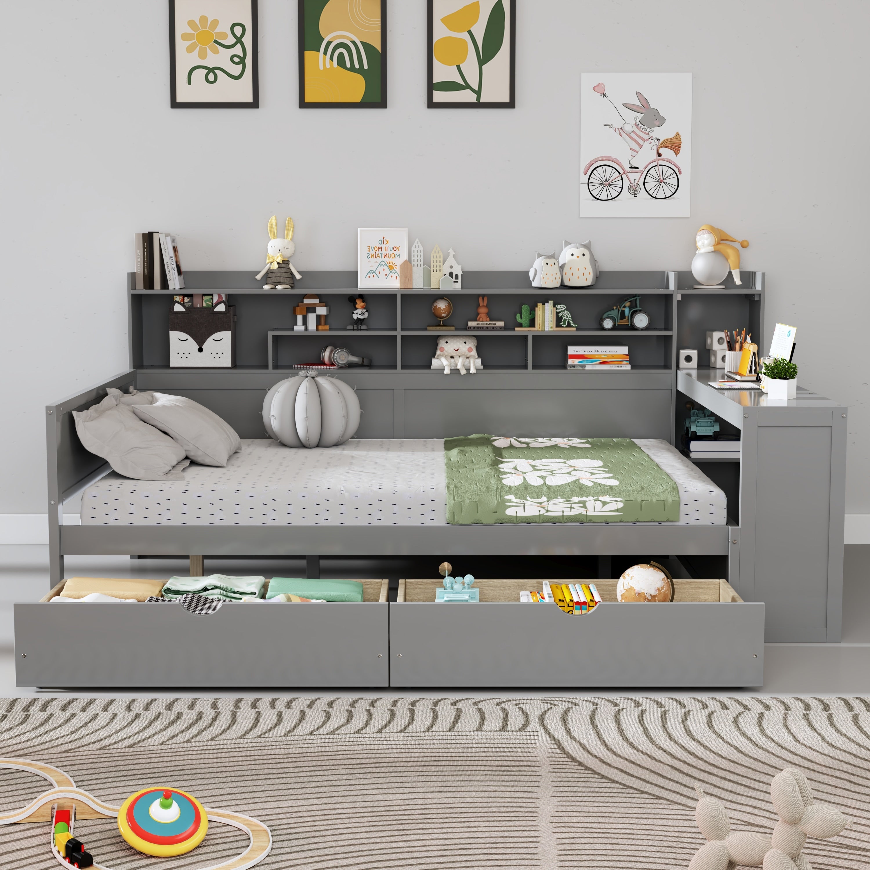 Gray Full Size Daybed With Storage Shelves Study Desk