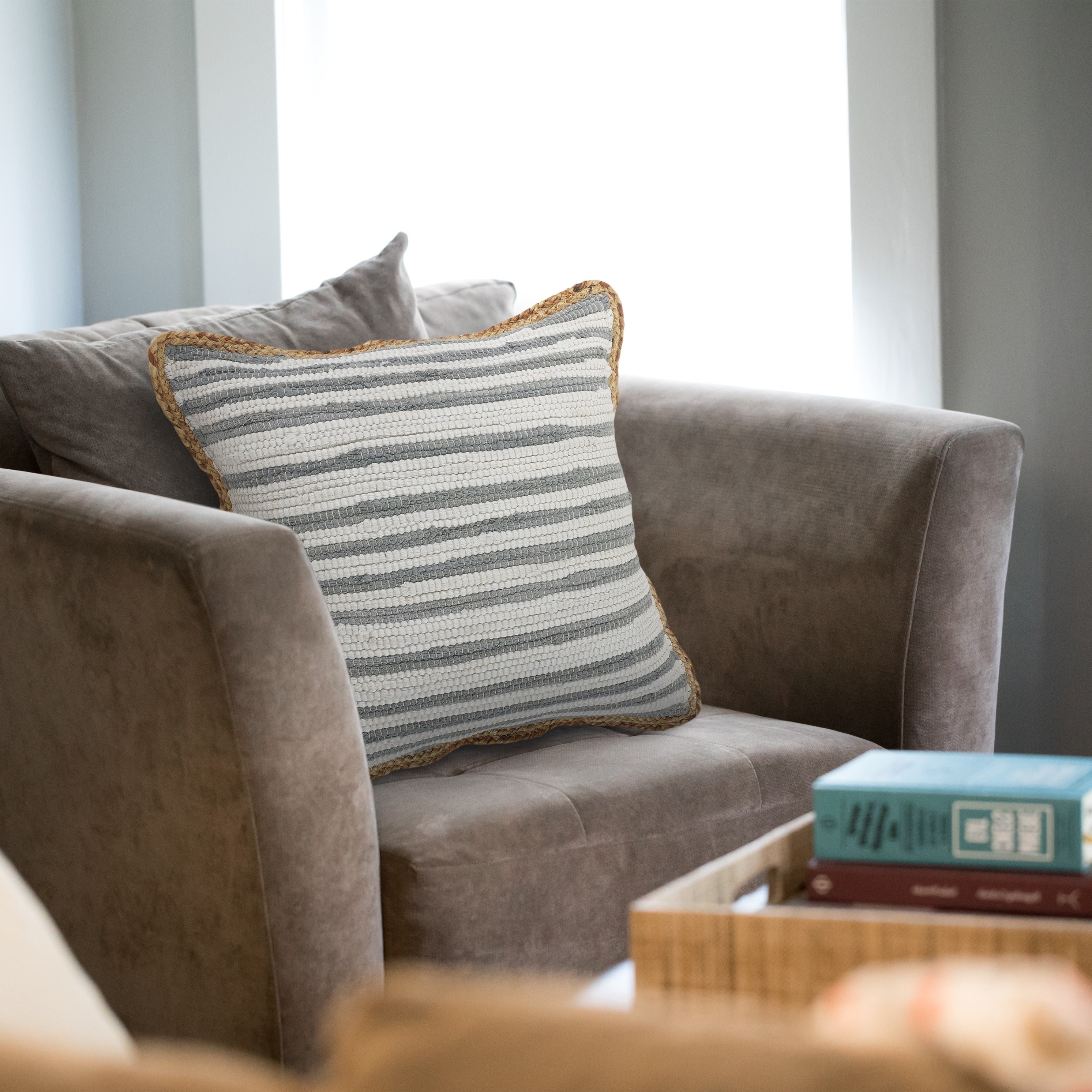 Gray And White Striped Jute Bordered Throw Pillow