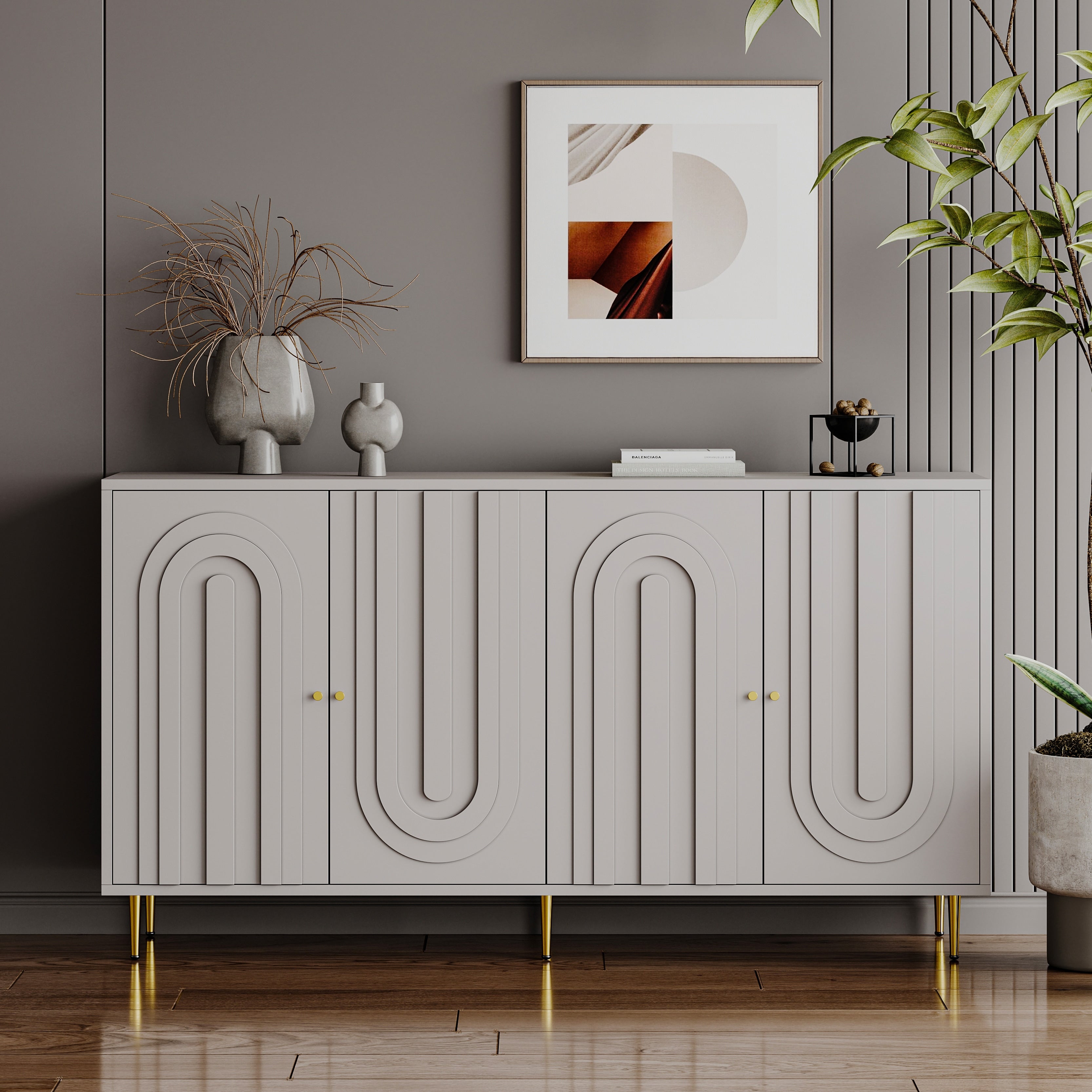 Gray Lacquered 4 Door Wooden Cabinet Sideboard Buffet Server Cabinet Storage Cabinet For Living Room Entryway Hallway