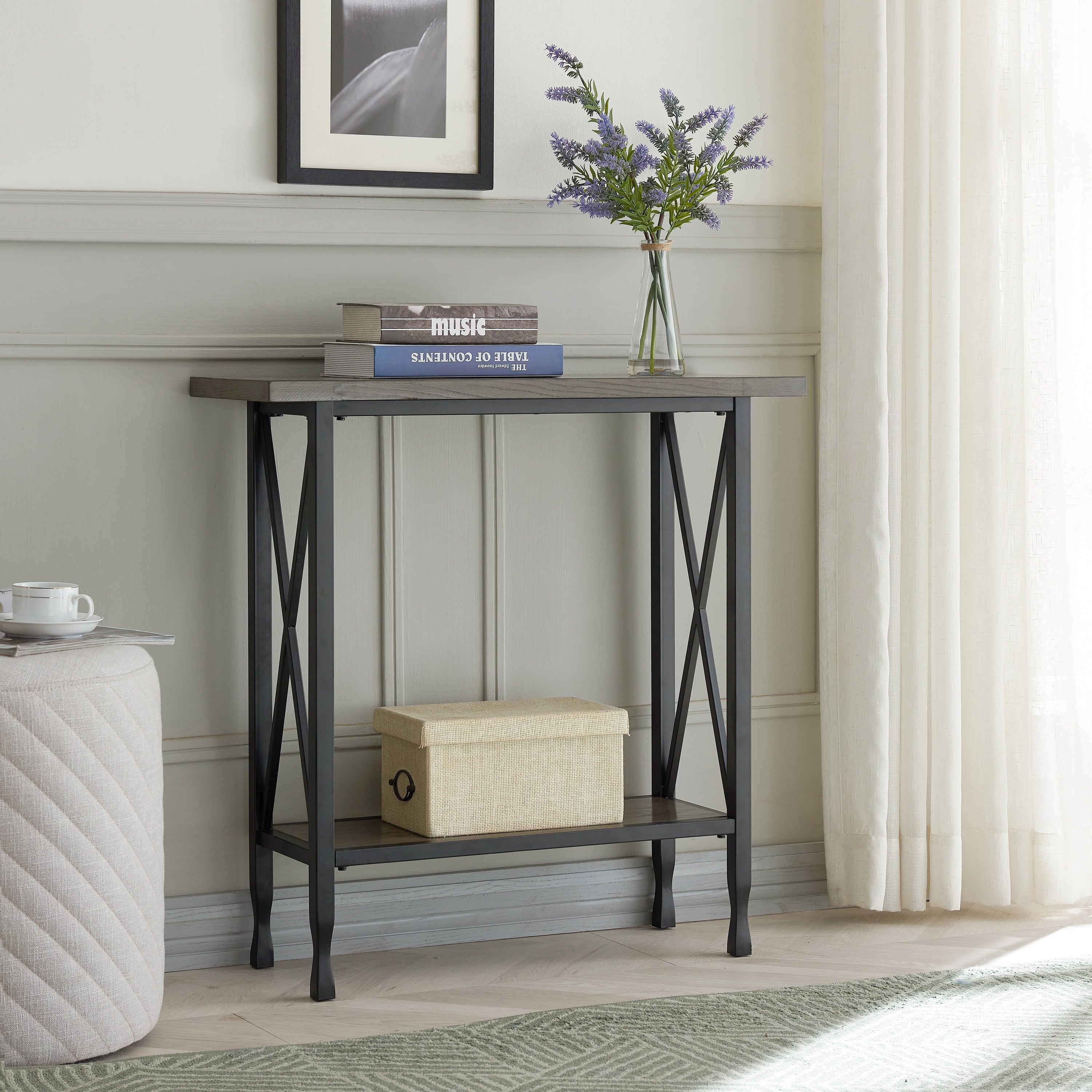 Gray Matte Black X Design Mixed Wood And Metal Hall Console