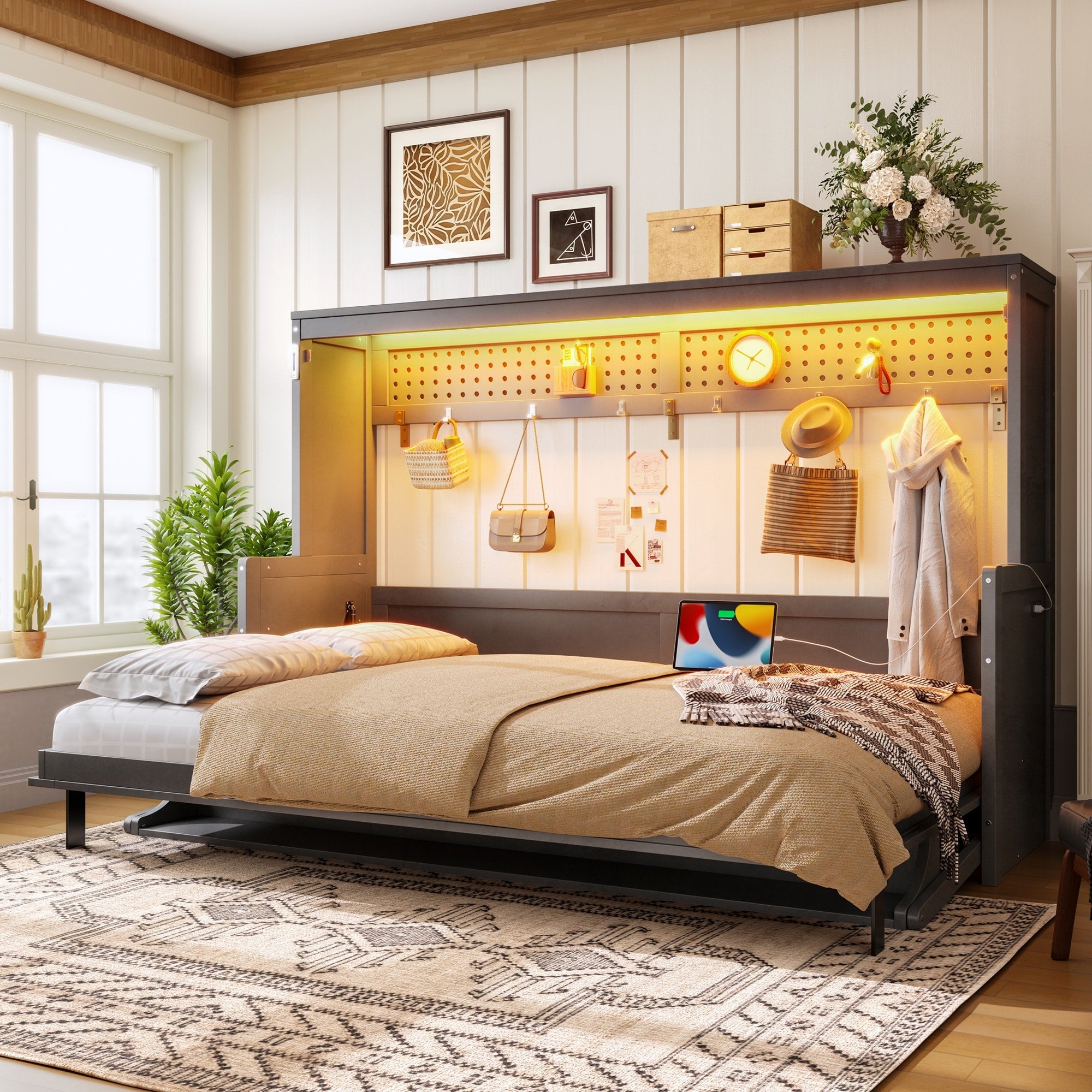 Gray Murphy Platform Bed Frame With Usb Charging Station Led Lights