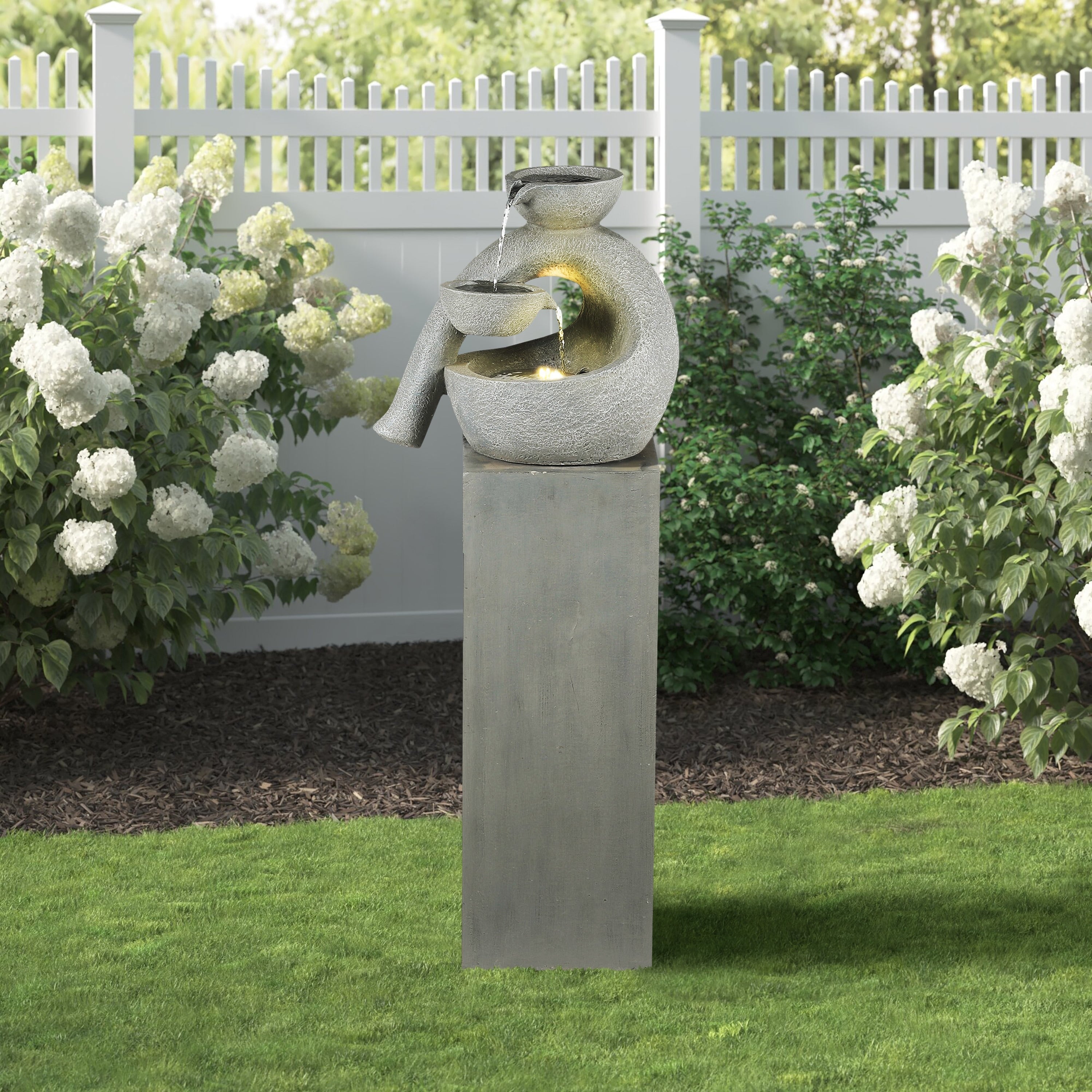Cement Modern Pots And Pedestal Patio Fountain With Led Lights