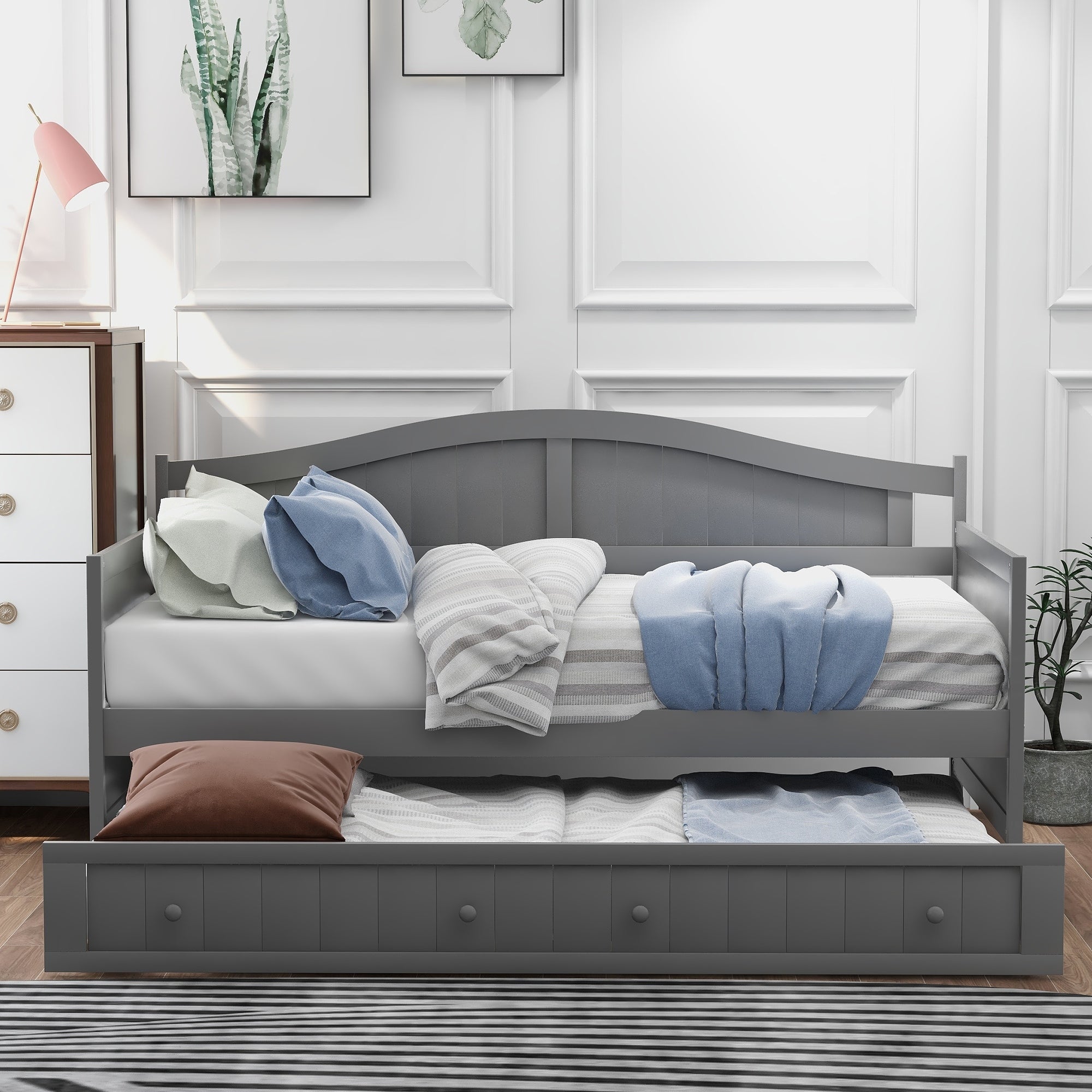 Gray Twin Wooden Daybed Sofa Bed Frame With Trundle Bed