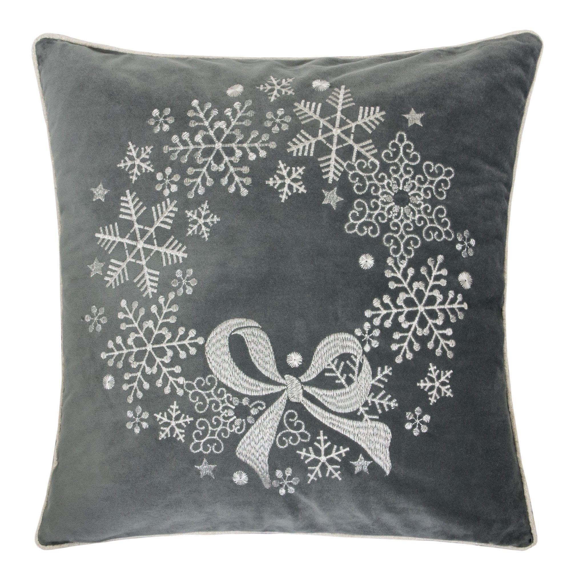 Gray Velvet Holiday Throw Pillow With Snowflake Wreath Embroidery 20X20 With Insert Set Of 2