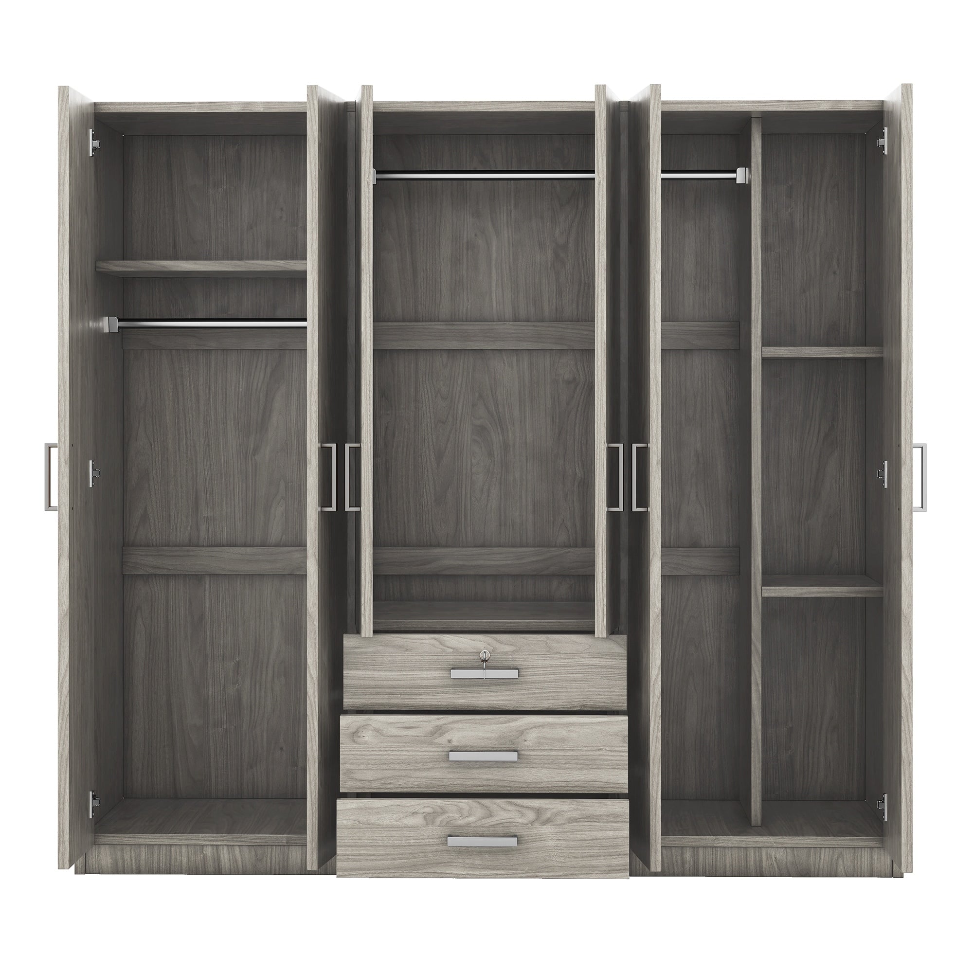 Gray Wardrobe Versatile Storage Cabinet With Drawers 6 Doors Bedroom Clothing Storage Cabinet Organizer