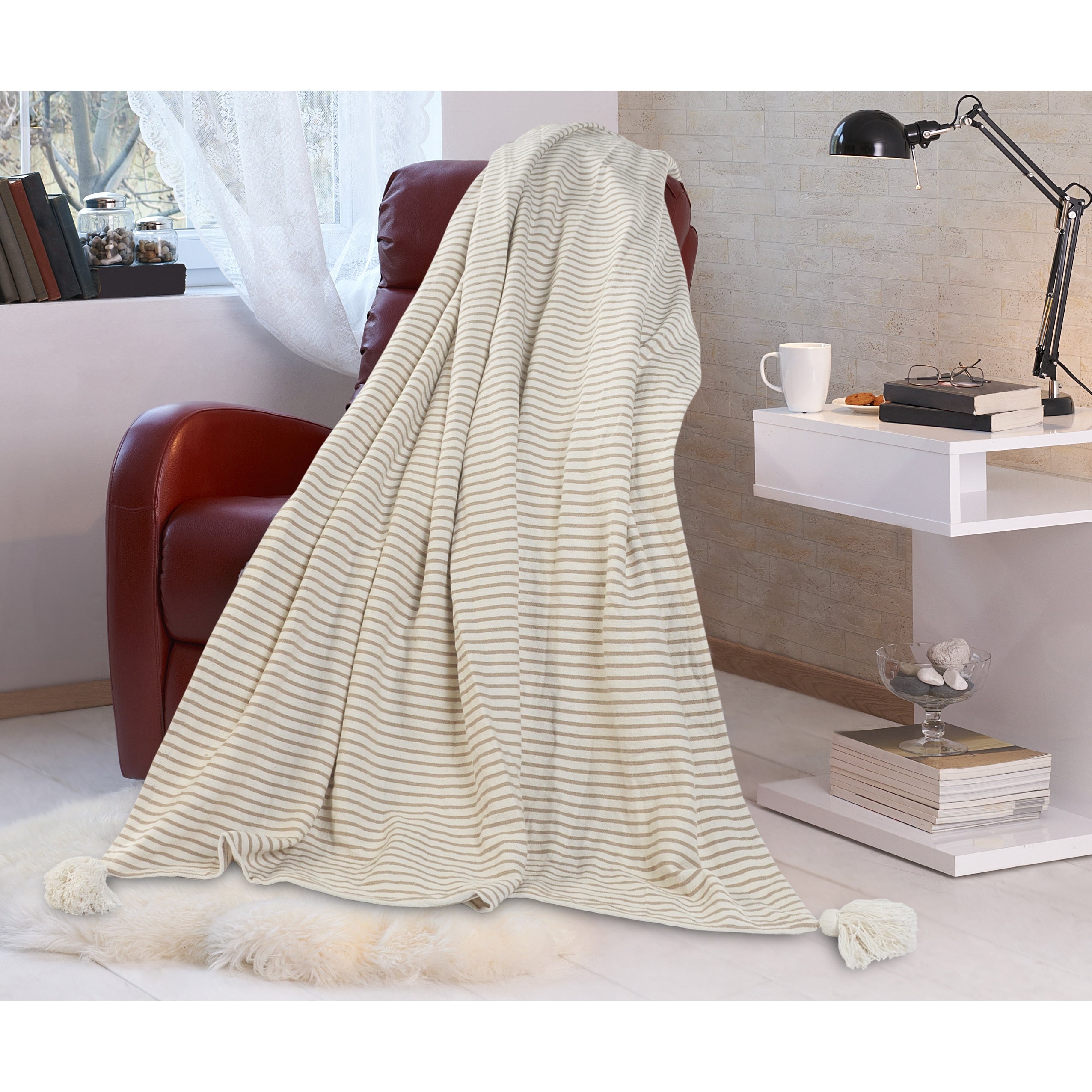 Gray And Ivory Striped Tasseled Throw Blanket