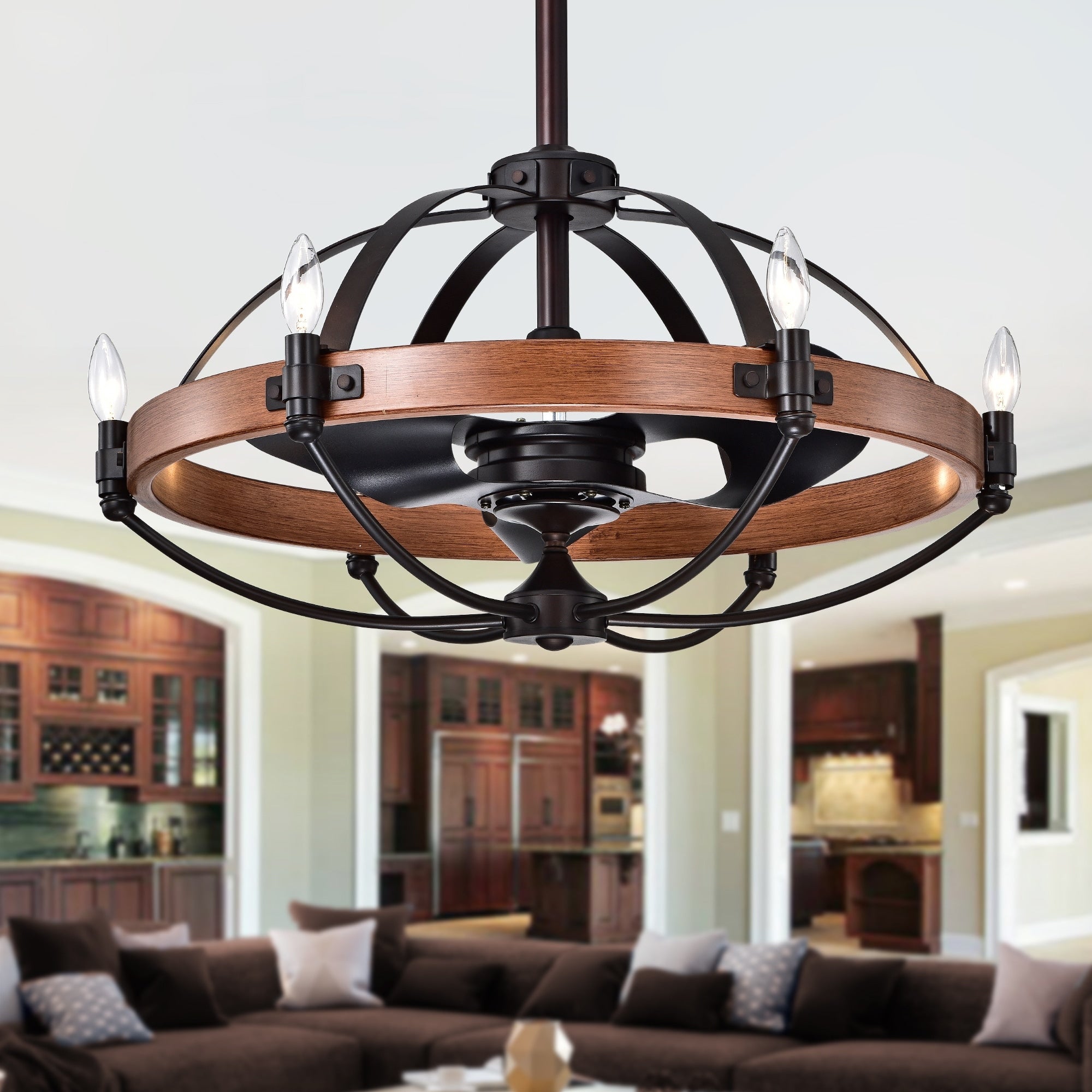 Gredis Black 30 Inch 6 Light Lighted Ceiling Fan Fandelier With Faux Wood Hoop Includes Remote And Light Kit Brown