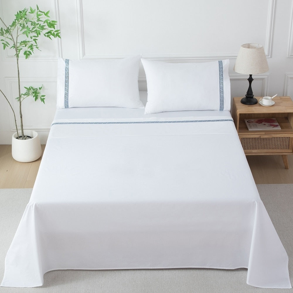 Greek Key Embroidered Cotton Sheet Set 4 Piece Bedding With 16 Inch Pocket Fitted Sheet