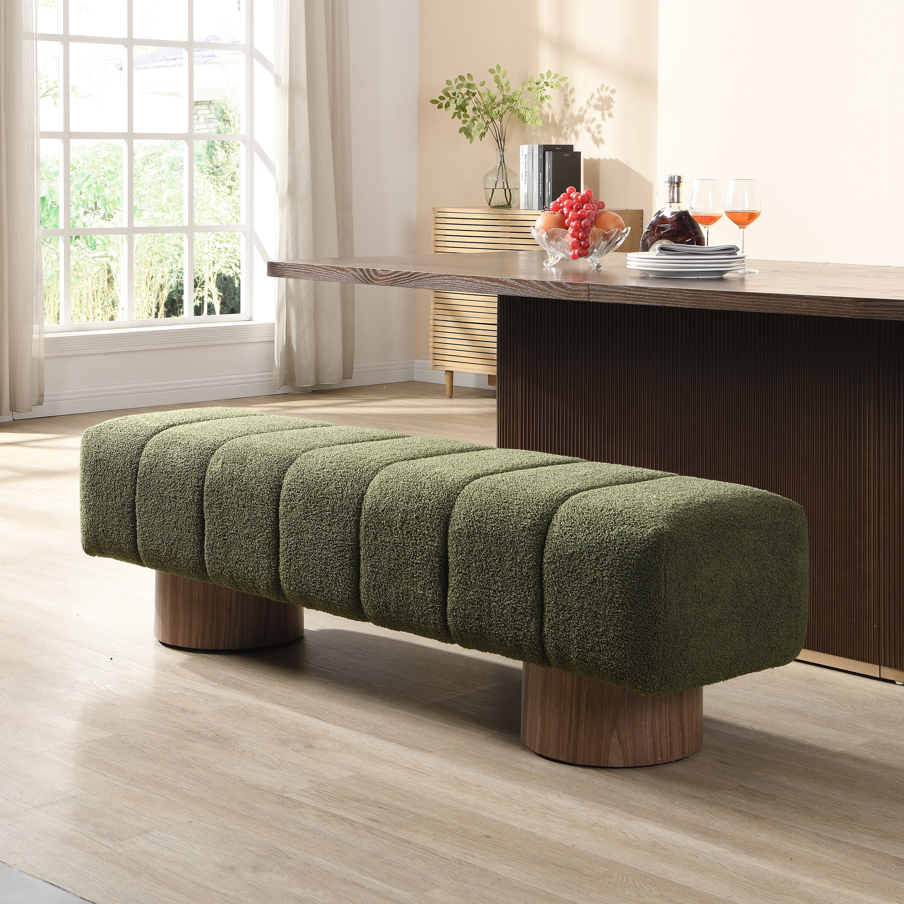 Green Boucle Upholstered Dining Bench Ottoman No Assembly End Of Bed Footstool For Living Room